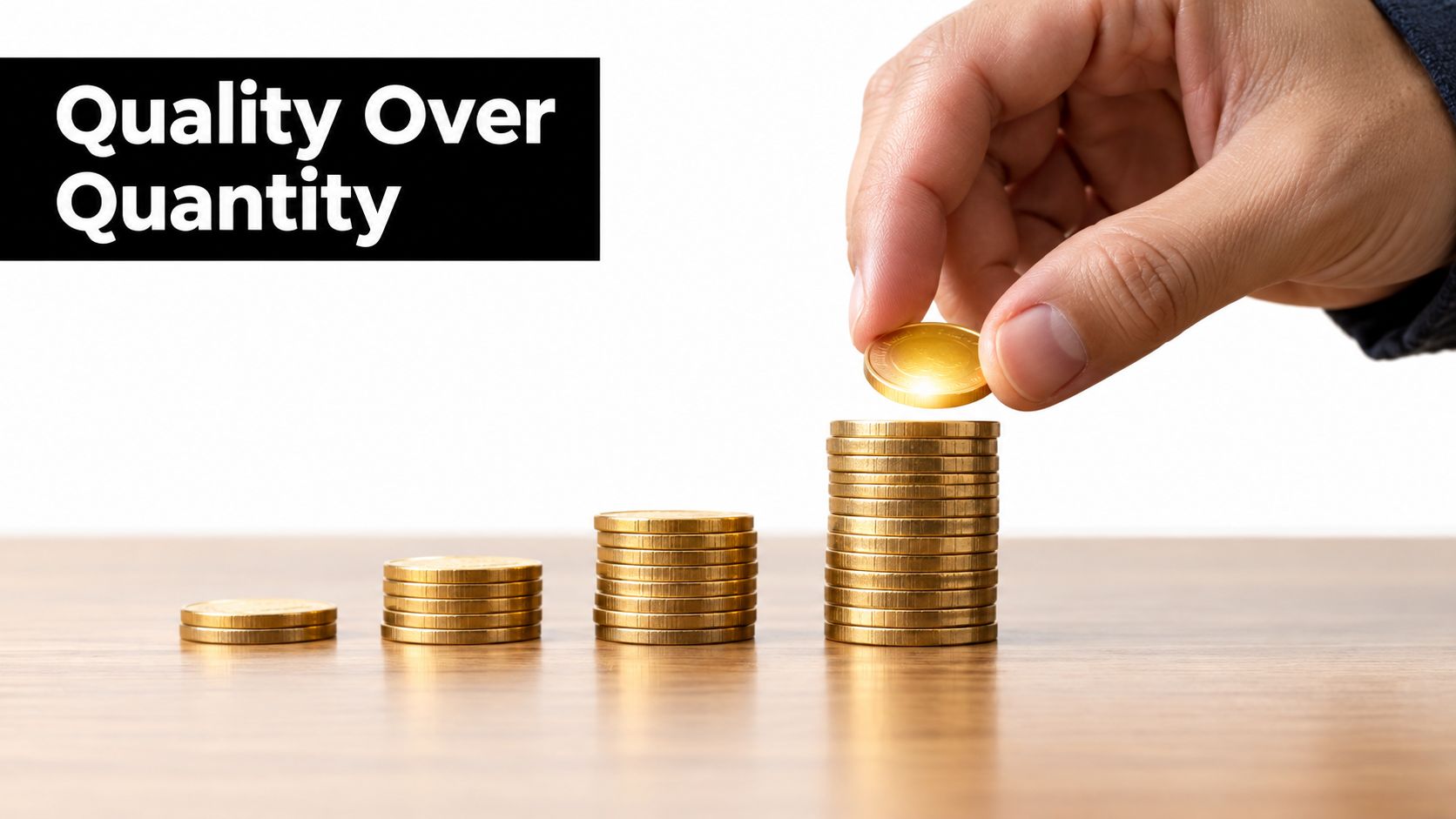 A hand placing a gold coin on a stack of coins next to three other smaller stacks.