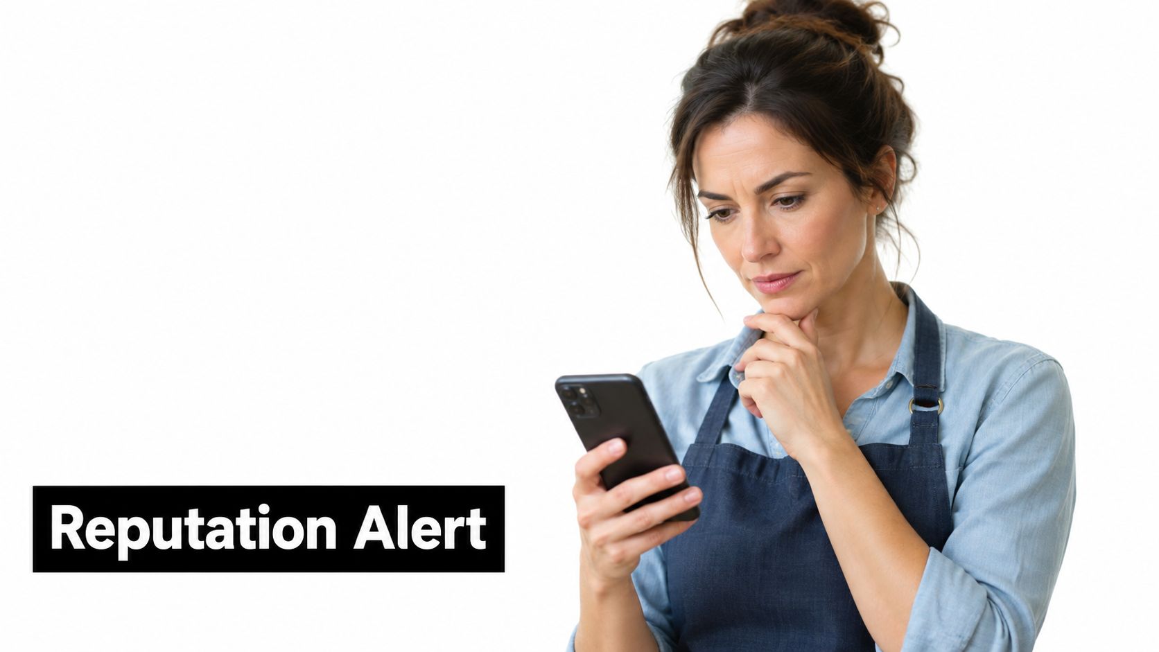 A concerned woman wearing an apron looking at her smartphone with a white background and text overlay.