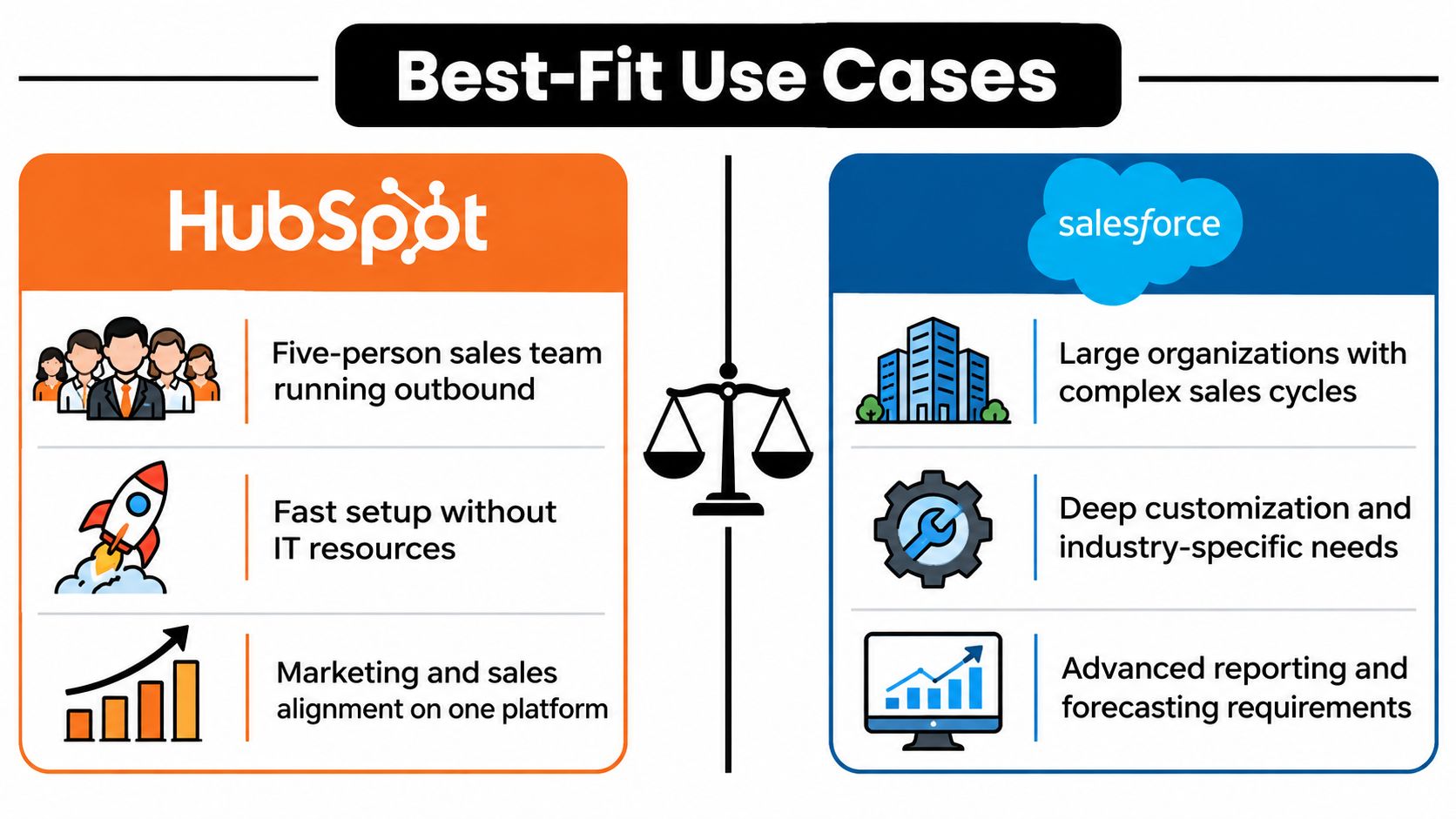 A comparison chart showing best-fit use cases for HubSpot versus Salesforce software platforms side by side.