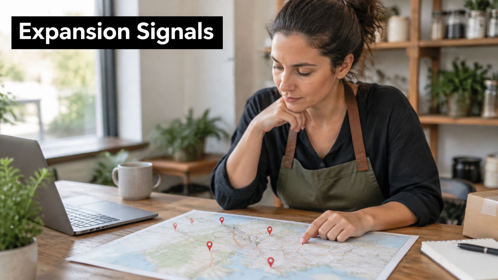 A focused female business owner reviewing a map with location pins to plan potential business growth strategies.