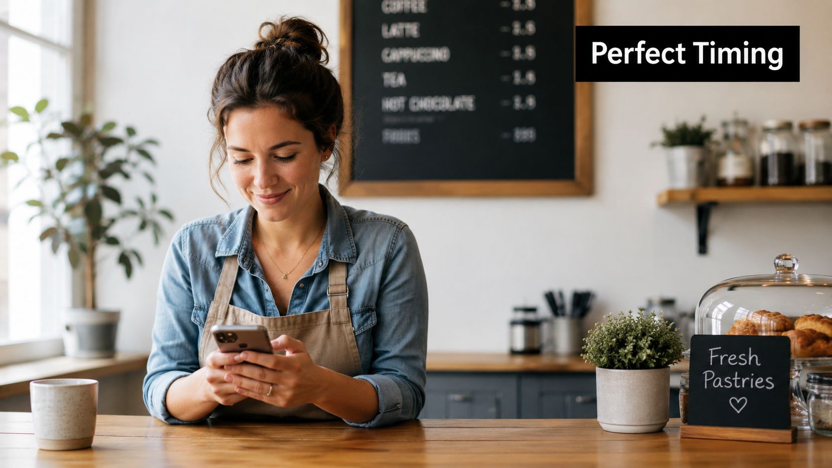 A smiling barista looking at her smartphone while working behind a coffee shop service counter.