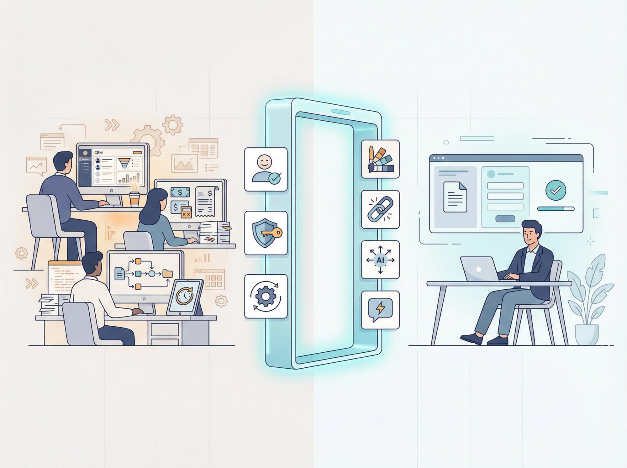 Editorial illustration showing a client portal as a structured boundary between internal operations and external clients, with seven feature pillars