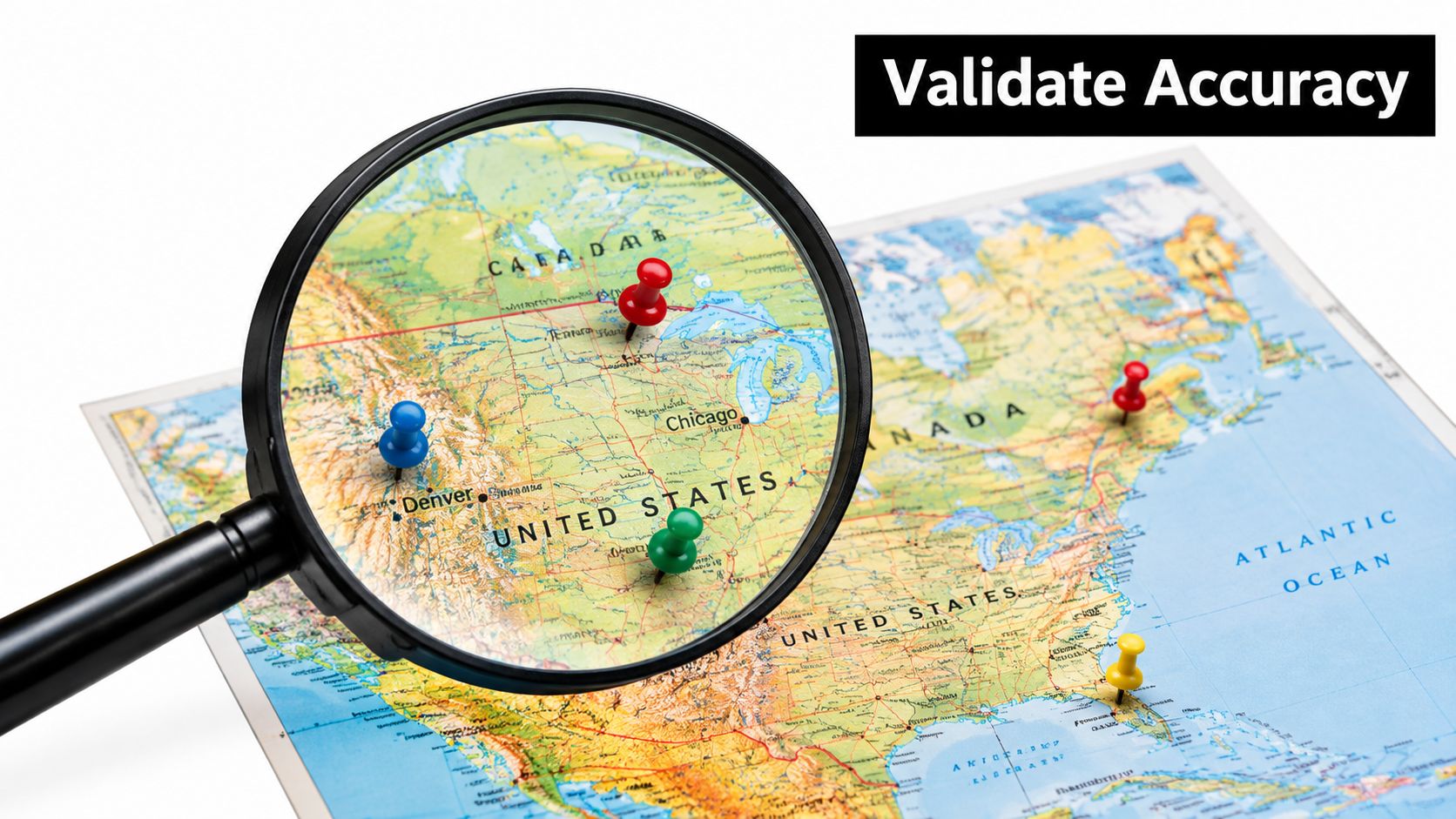 A magnifying glass focusing on locations across a map of the United States with colorful pushpins.