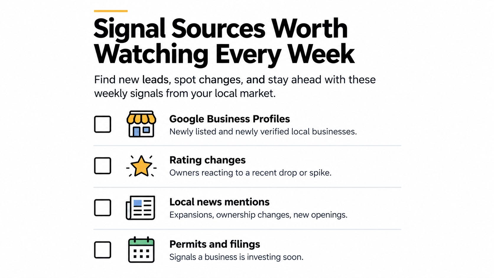 A checklist infographic titled Signal Sources Worth Watching Every Week for finding new local business leads.