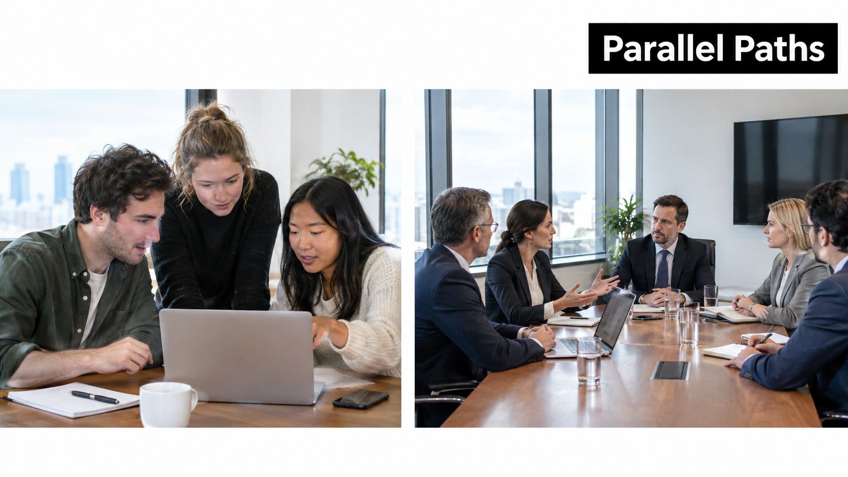 A split image showing a diverse creative team brainstorming on a laptop and professionals in a conference room.