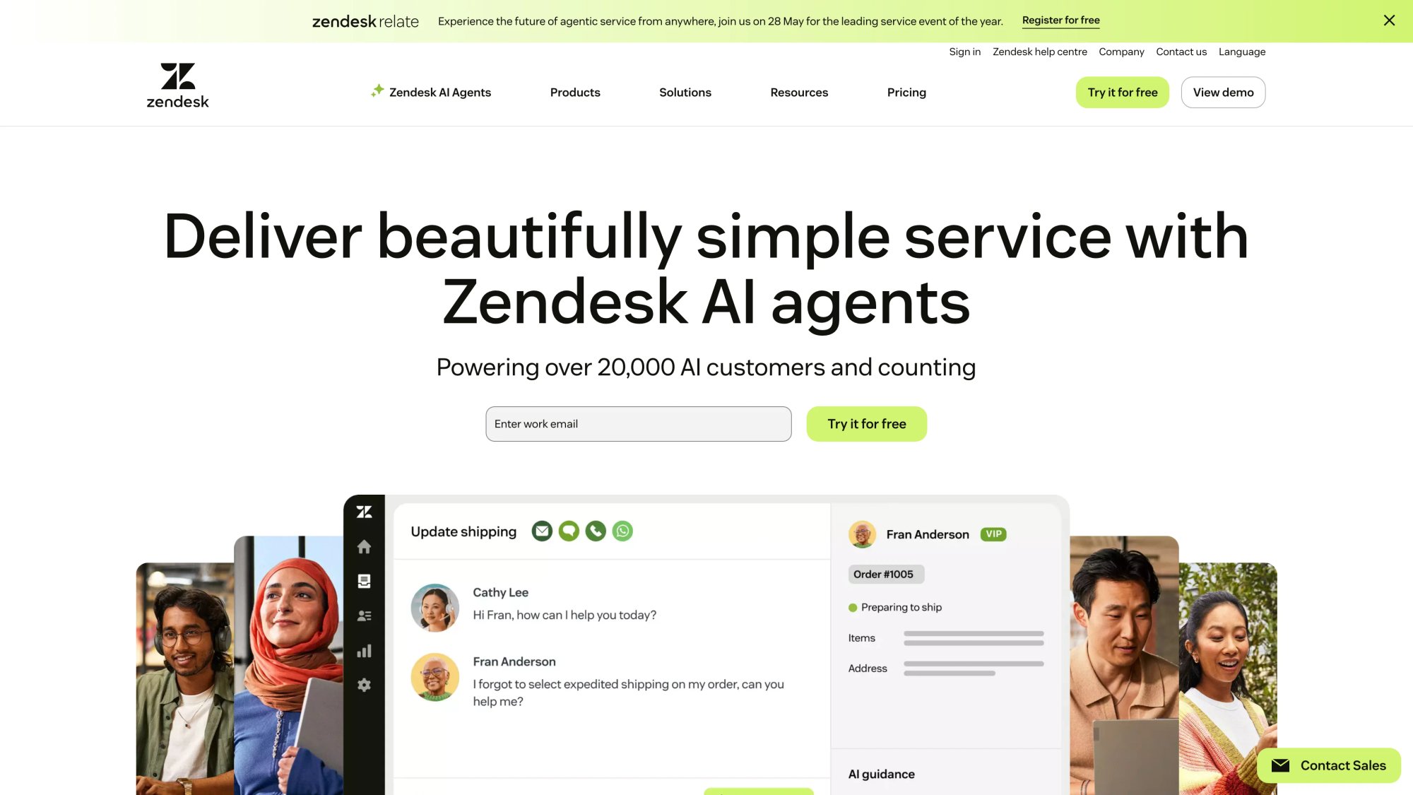 Zendesk homepage with customer service and support platform features