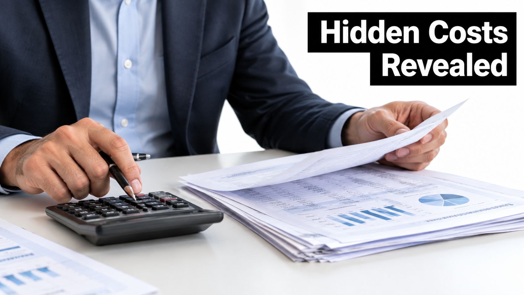 A professional in a suit calculating financial documents with charts at a desk, emphasizing hidden costs.