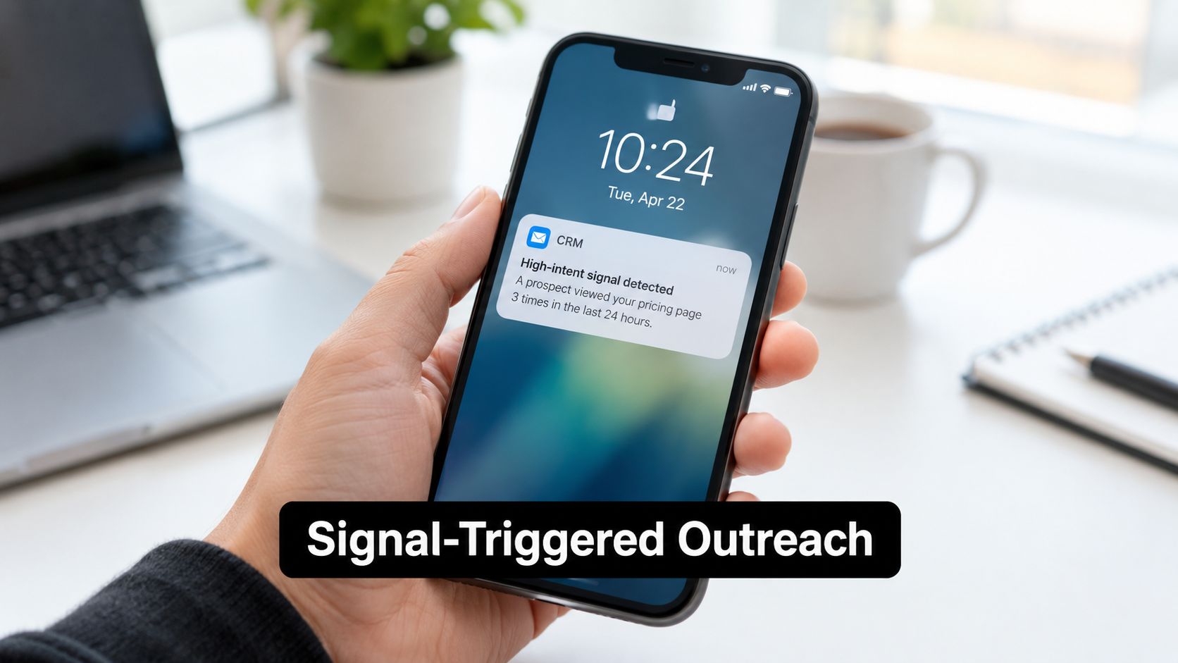 A person holding a smartphone showing a CRM notification about a high-intent prospect signal detection alert.