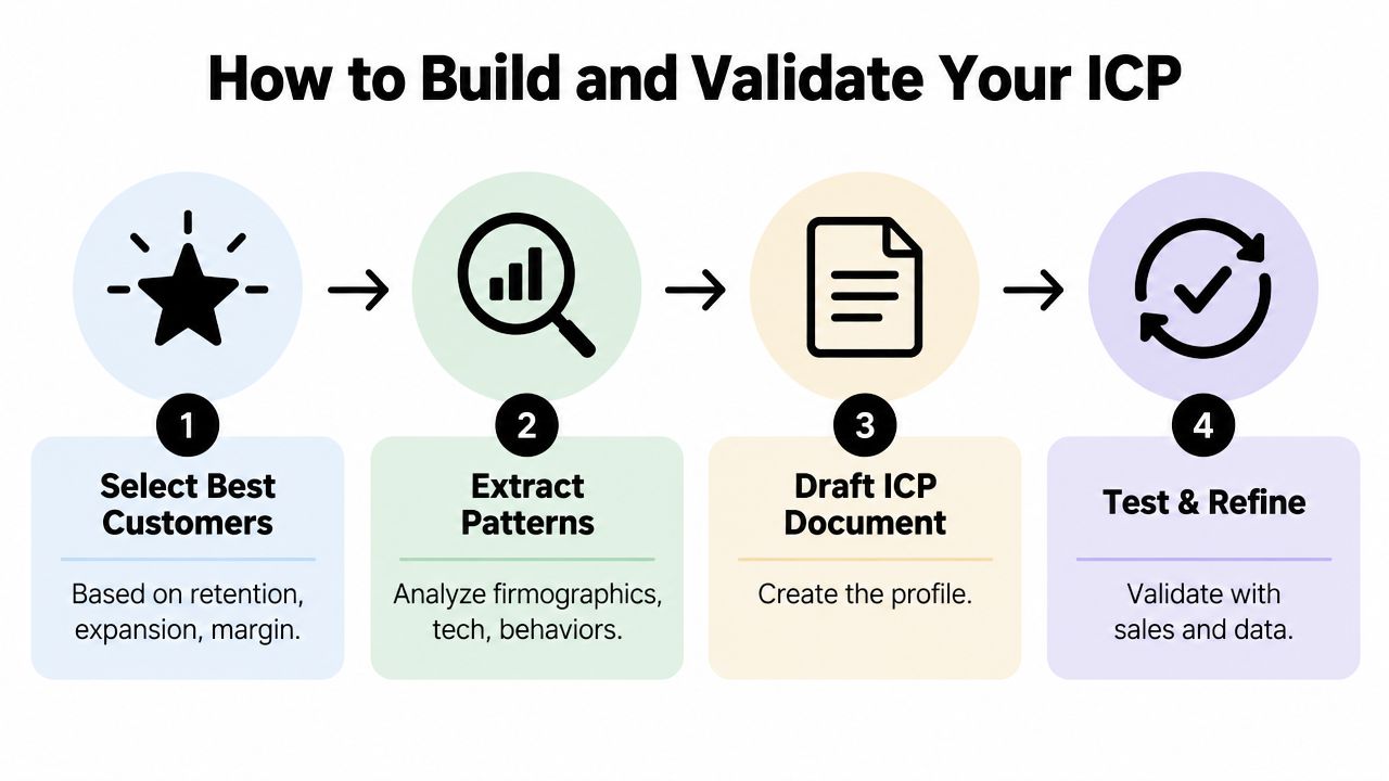 A four-step infographic illustrating the process to build and validate an Ideal Customer Profile.