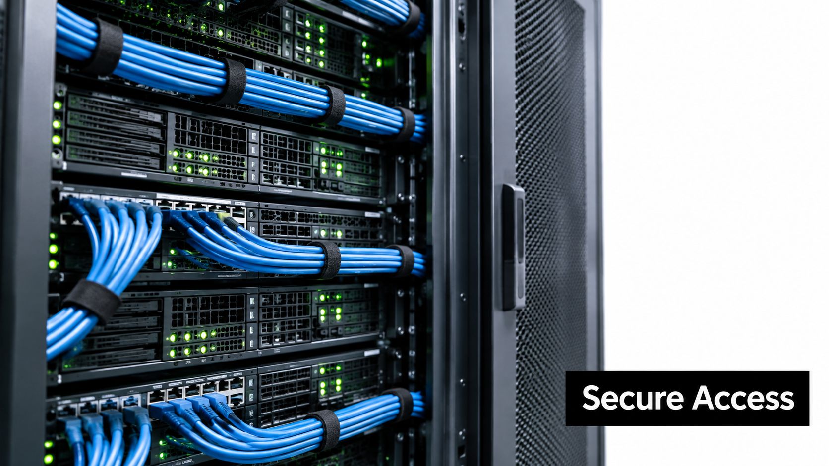 A close-up view of a modern server rack with blue network cables and glowing status lights.