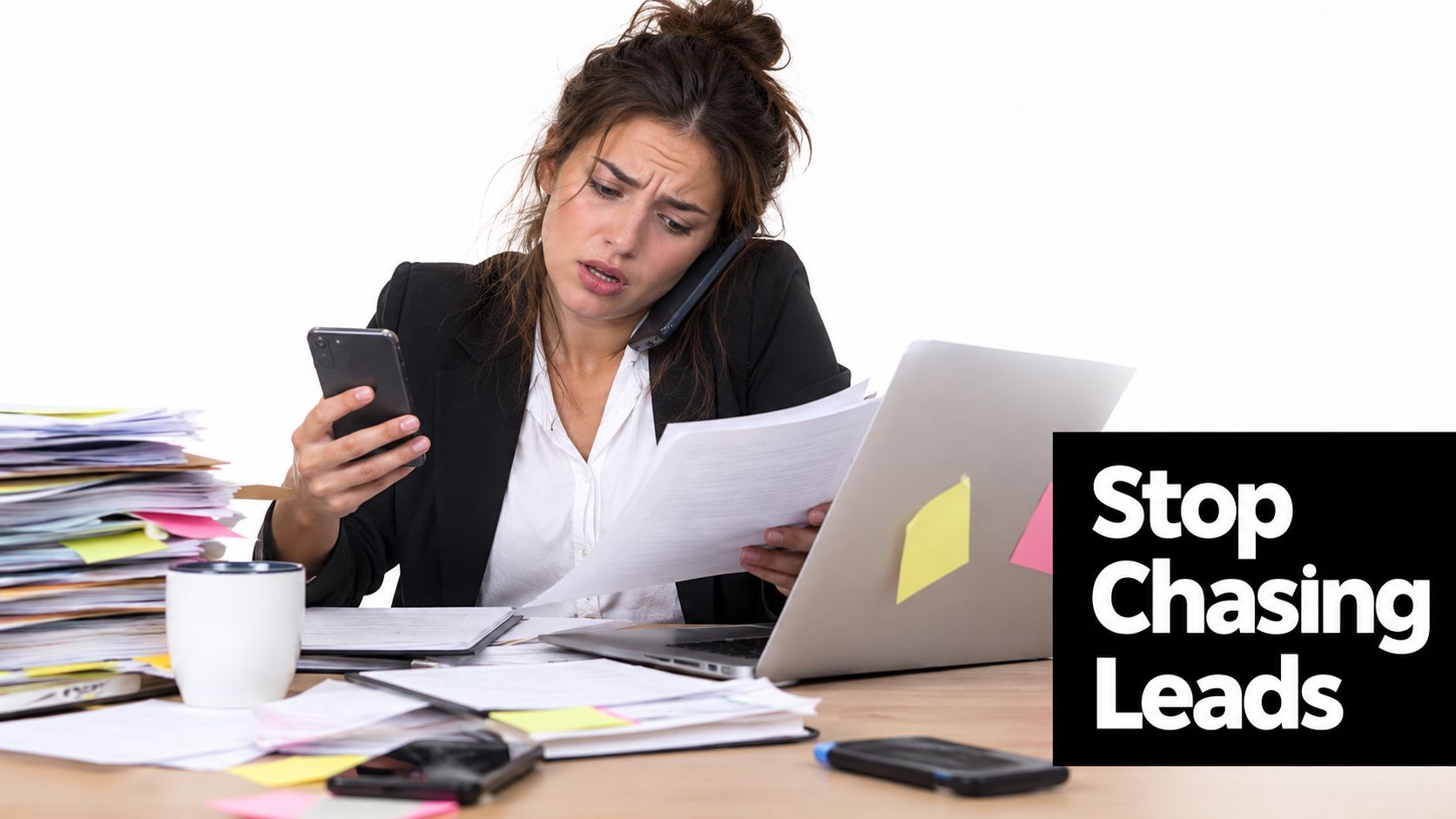 A stressed businesswoman multitasking with phones and paperwork at her cluttered office desk on a white background.