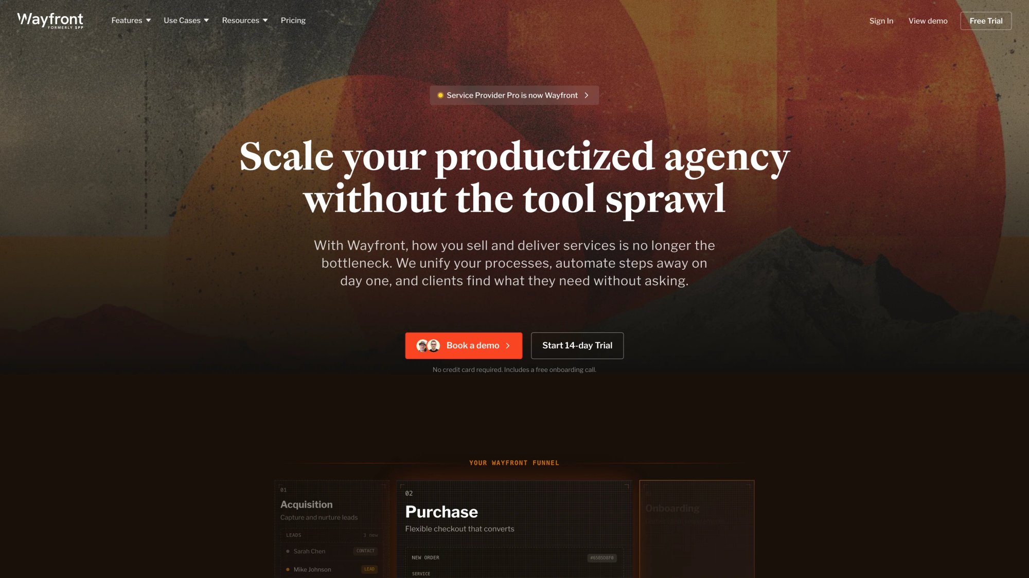 Wayfront homepage with agency client portal and project management features