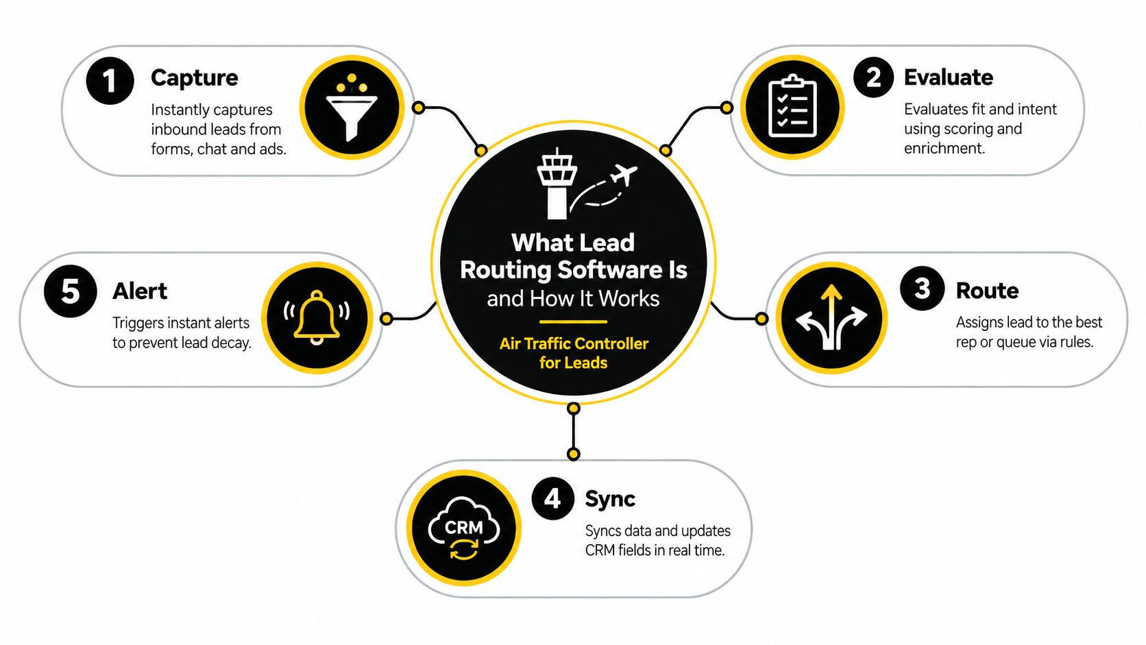 A diagram illustrating the five-step process of how lead routing software operates as an air traffic controller.