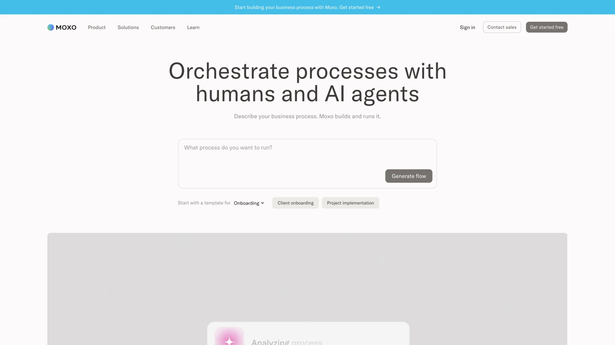 Moxo homepage with Orchestrate processes with humans and AI agents headline