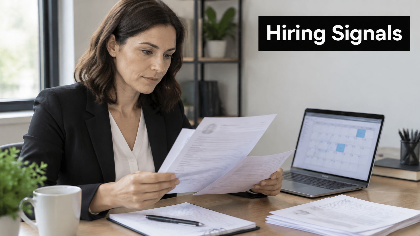 A professional woman in a business suit reviewing job application documents at her office desk.