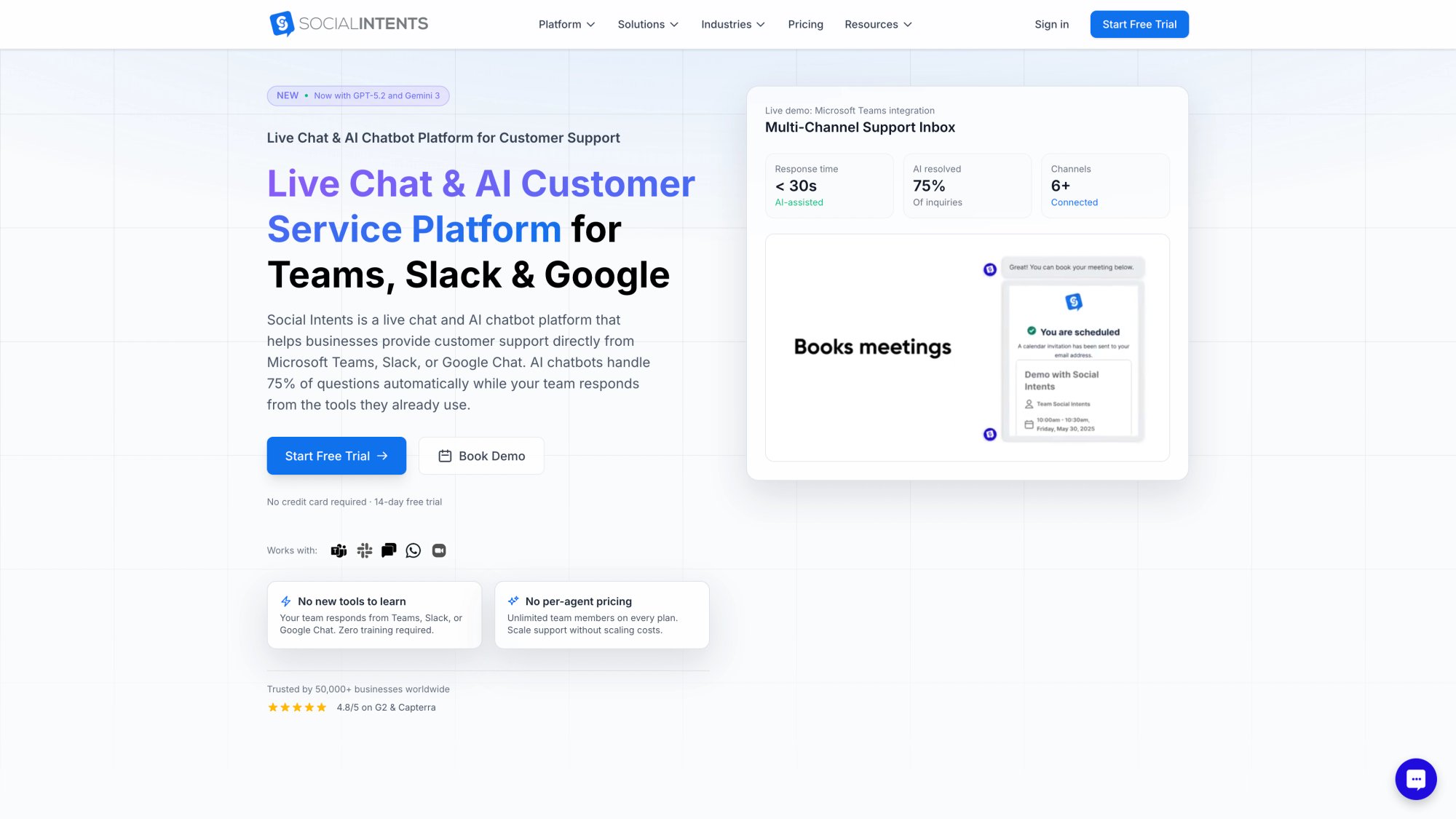 Social Intents homepage showing Live Chat and AI Customer Service Platform for Teams, Slack and Google with Start Free Trial CTA, trusted by 50,000+ businesses and 4.8 star rating