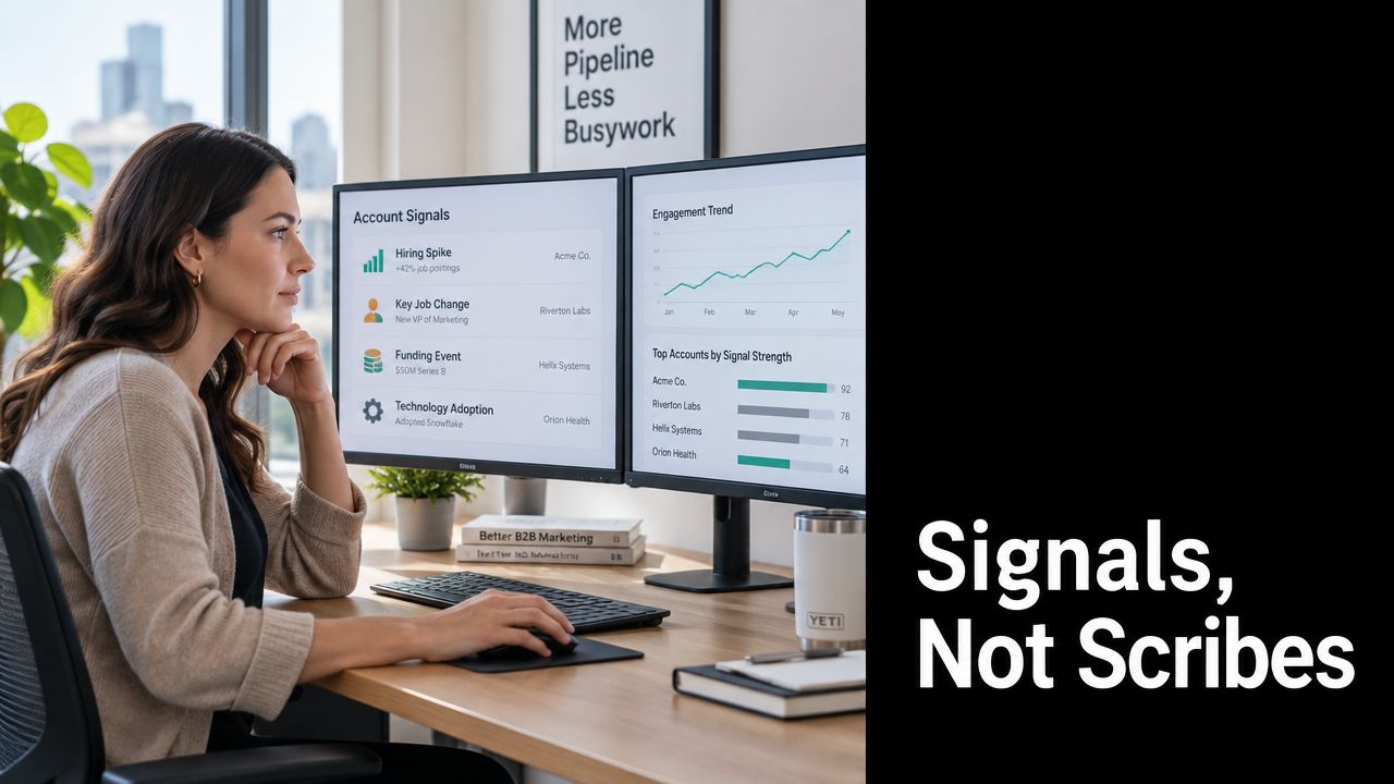 A professional woman working at a desk with two monitors displaying marketing analytics and account-based sales data.