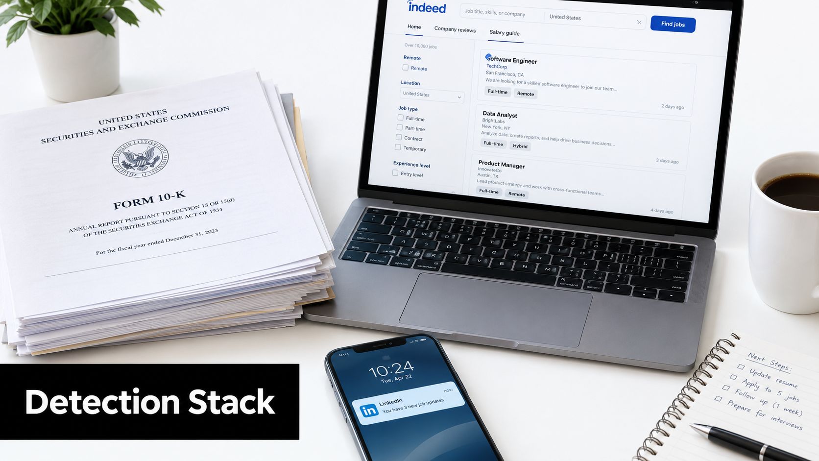 A professional workspace featuring a Form 10-K document, a laptop with job listings, and a smartphone showing notifications.