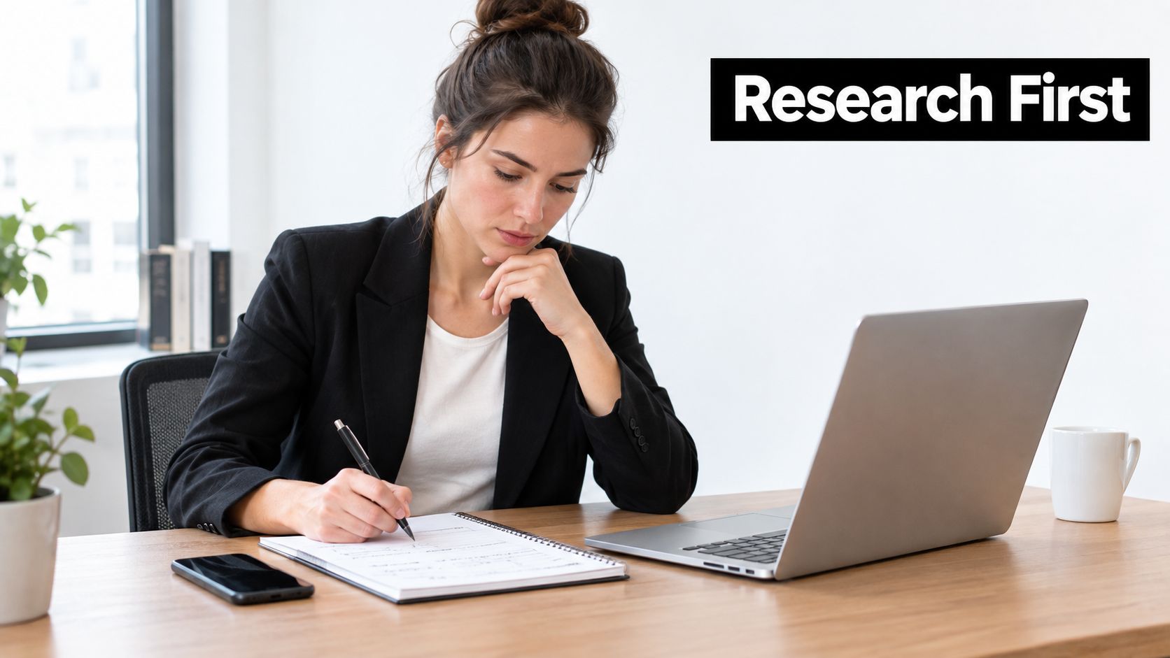 A professional woman in a blazer taking notes at her desk with a laptop and smartphone.
