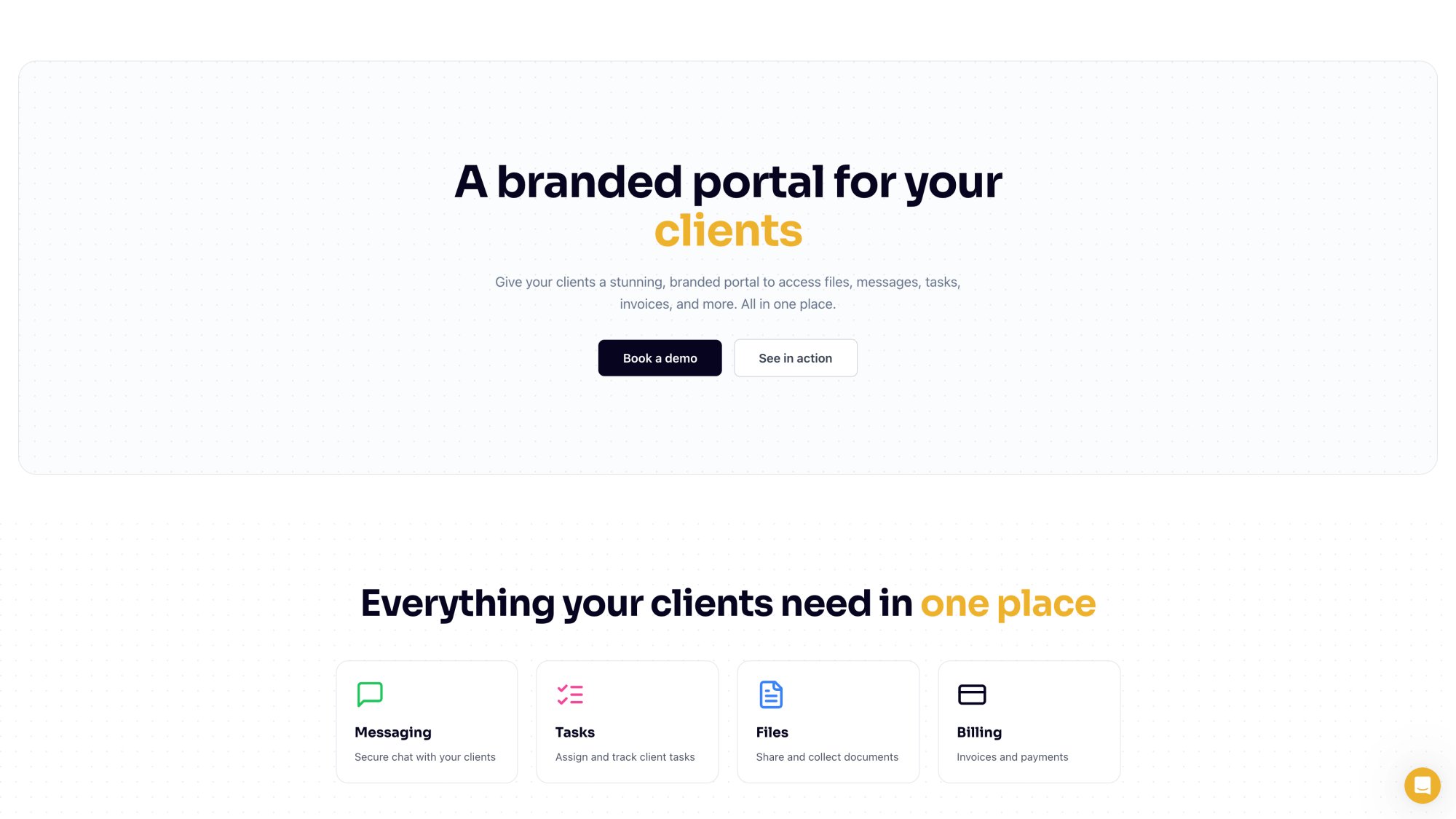 Hubflo client portal page with A branded portal for your clients headline and Messaging, Tasks, Files, Billing feature icons