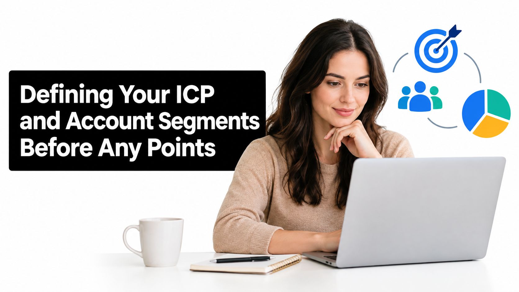 A woman working on a laptop with an overlay text regarding defining ICP and account segments.