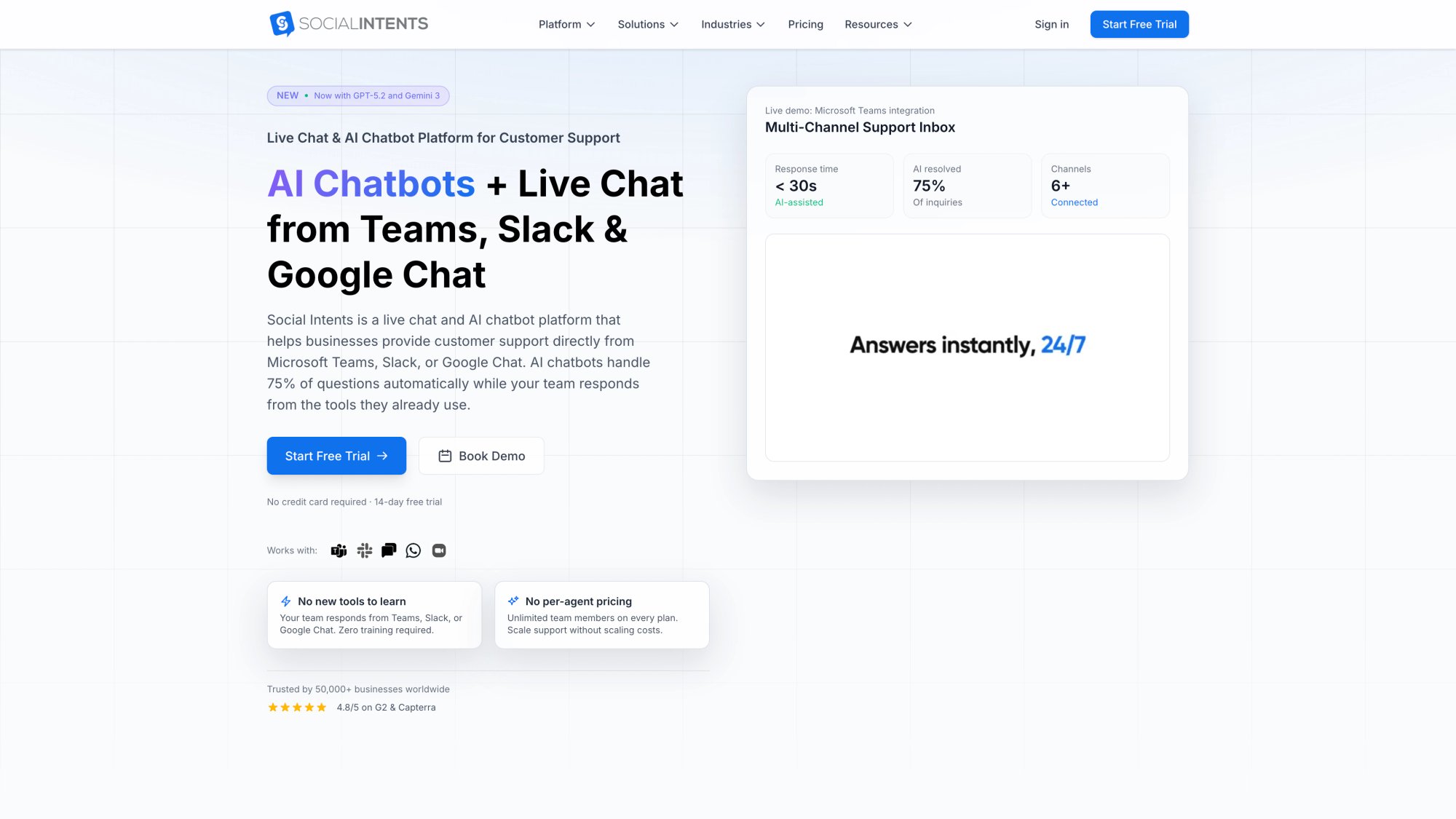Social Intents homepage showing AI Chatbots and Live Chat from Teams, Slack, and Google Chat with a live demo support inbox