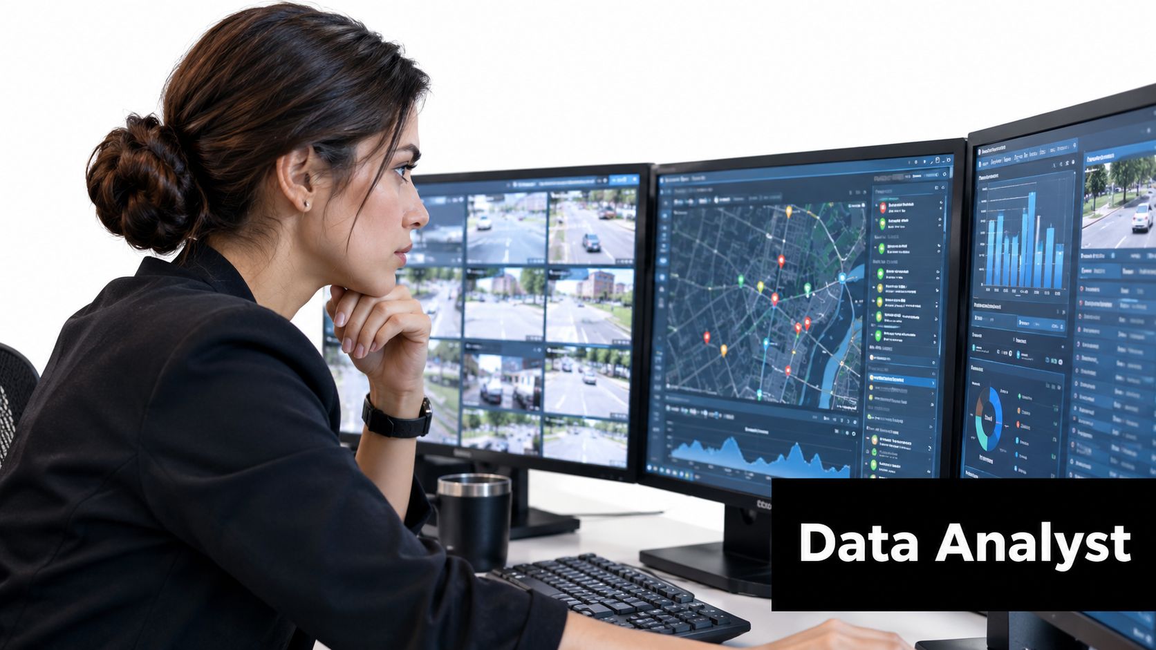 A professional data analyst viewing complex monitoring dashboards and traffic maps on multiple computer screens in office.