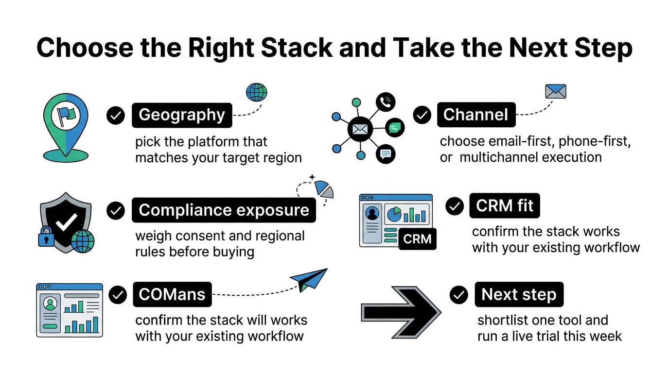 A checklist infographic titled Choose the Right Stack and Take the Next Step for sales tools.