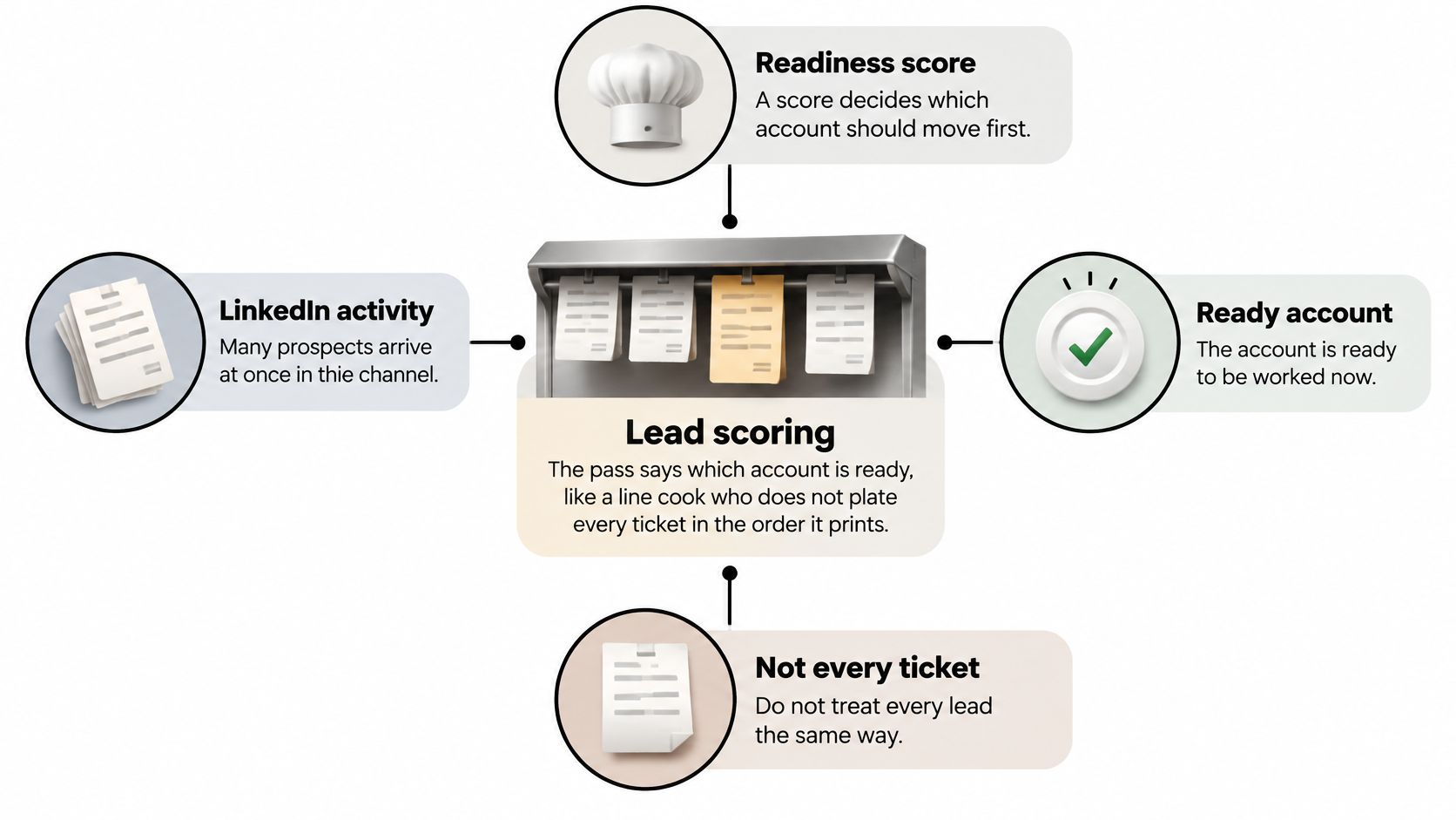 A diagram explaining lead scoring for sales, comparing it to a restaurant kitchen's ticket system for efficiency.