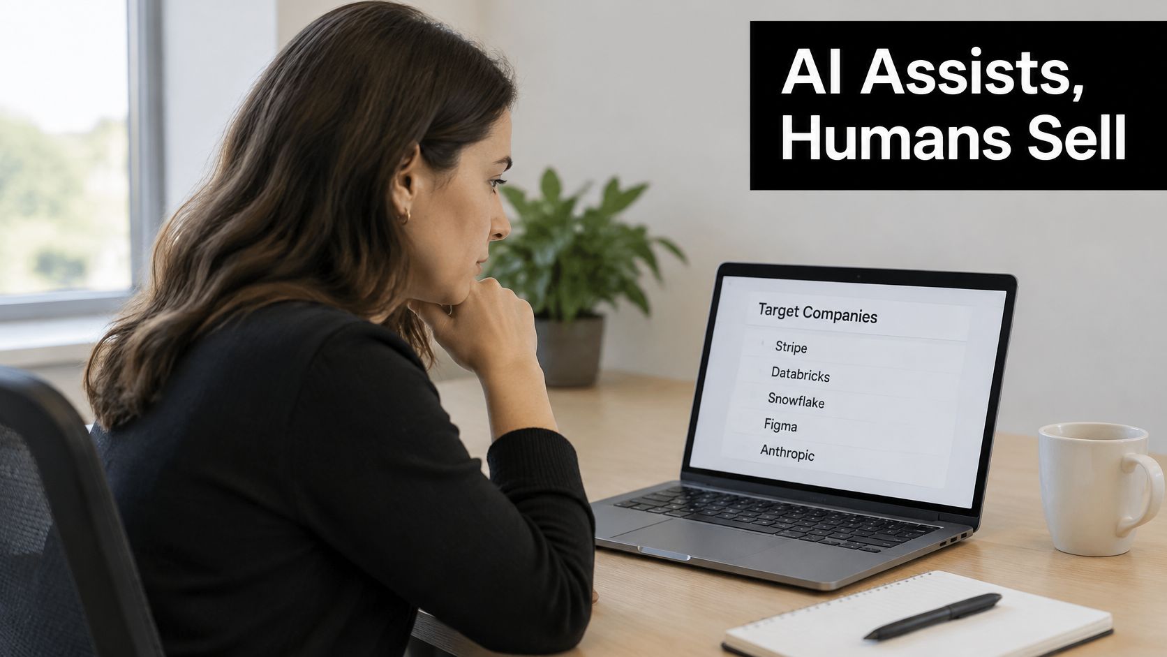 A professional woman working on a laptop with a list of target companies, illustrating AI BDR concepts.