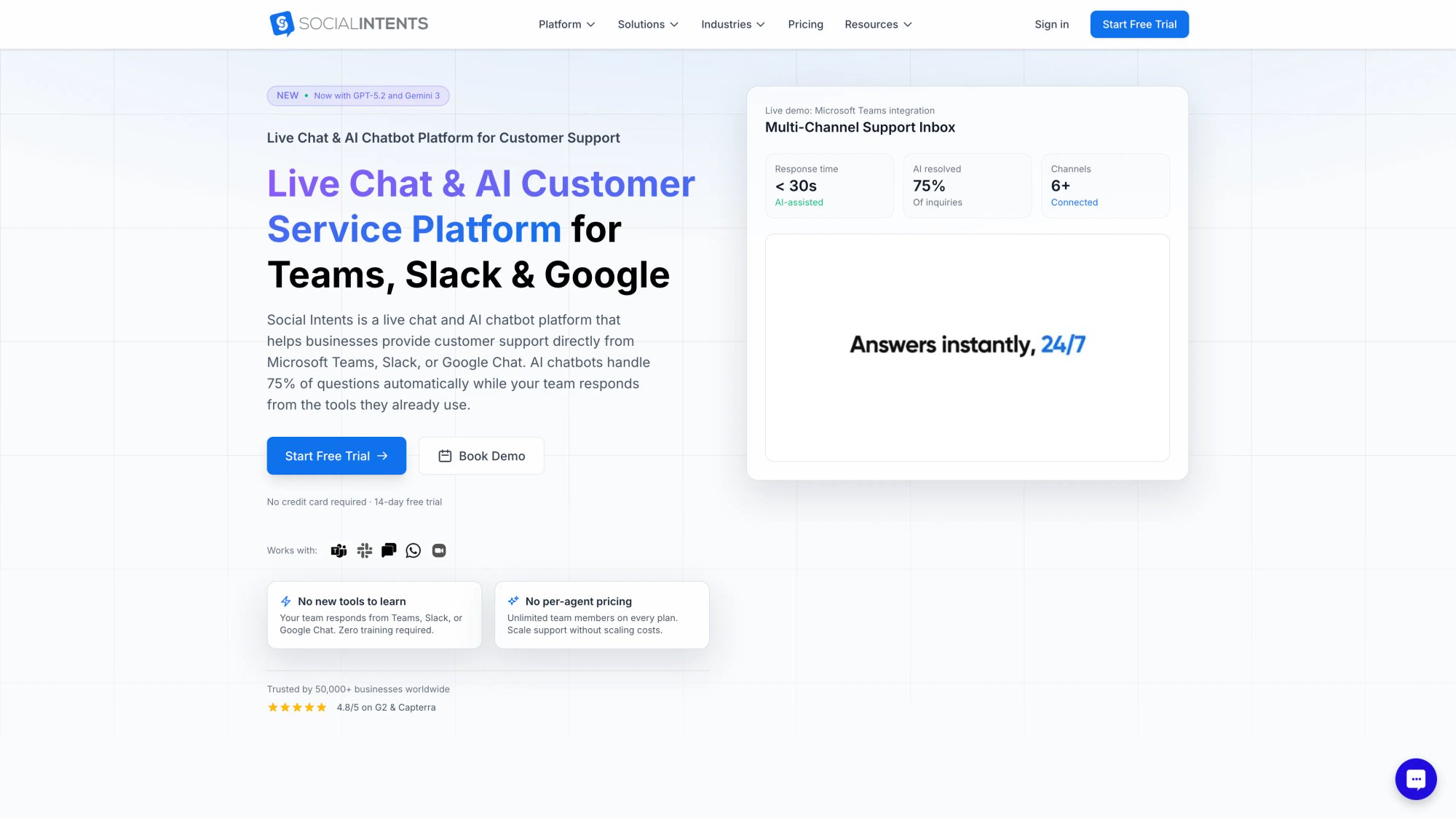 Social Intents homepage showing Live Chat and AI Customer Service Platform for Teams, Slack, and Google with 75% AI resolved inquiries stat and integration icons