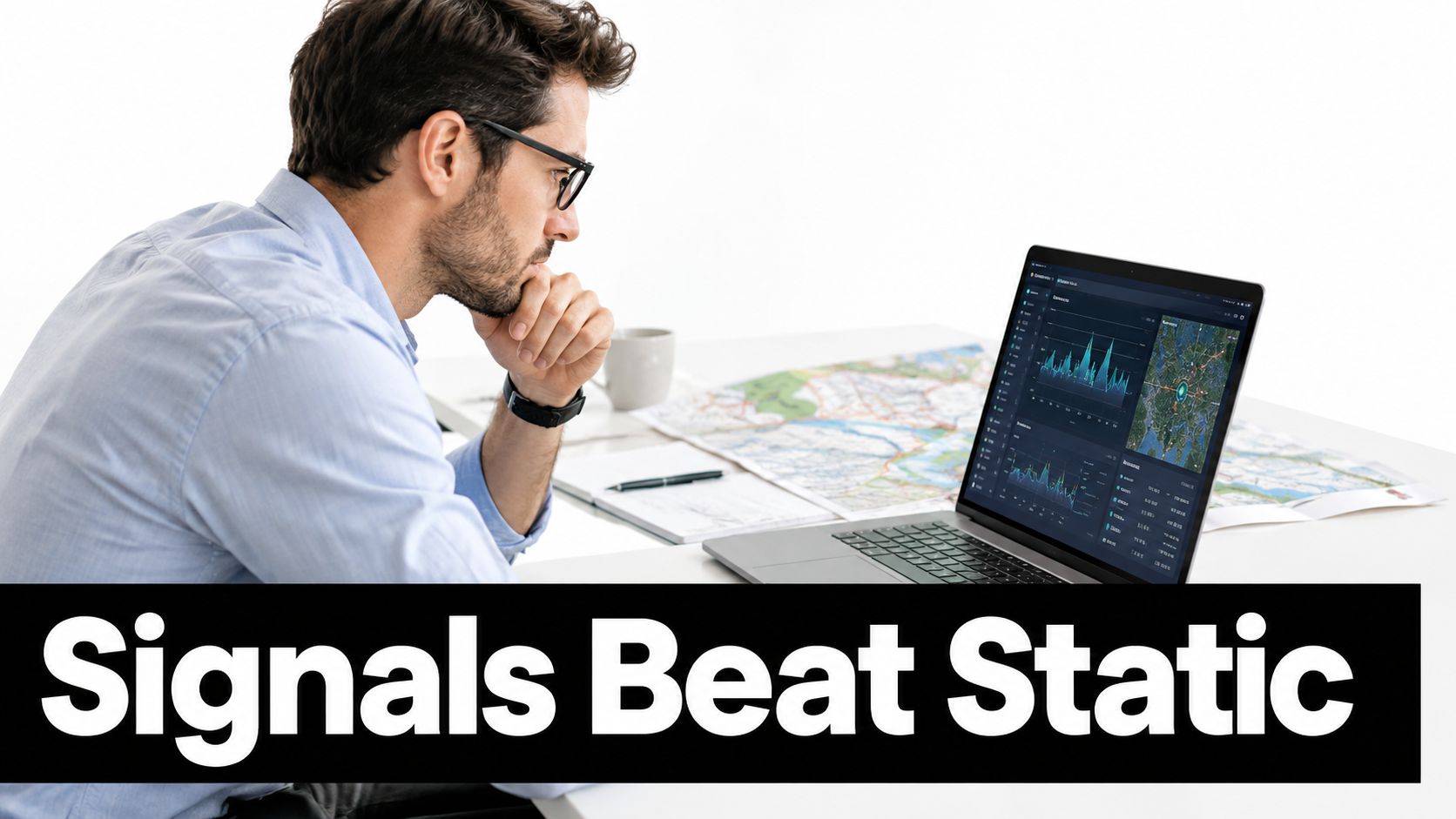 A professional man reviewing complex data analytics and mapping software on a laptop in a workspace.
