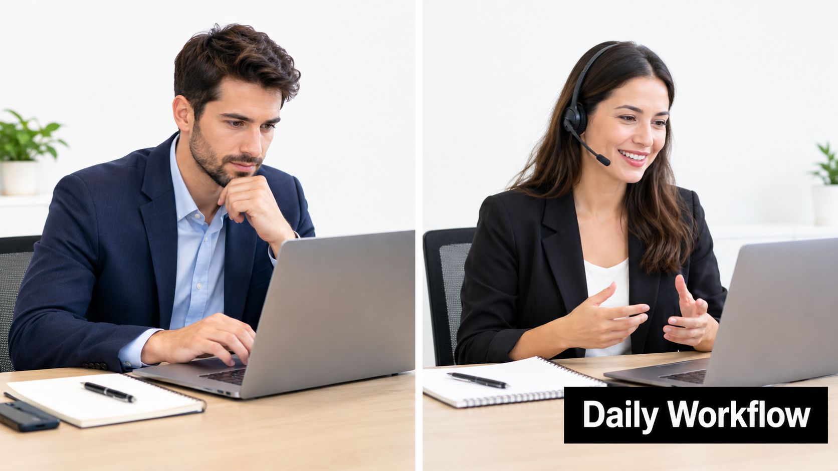 A professional man and woman working on their laptops in a modern office environment.
