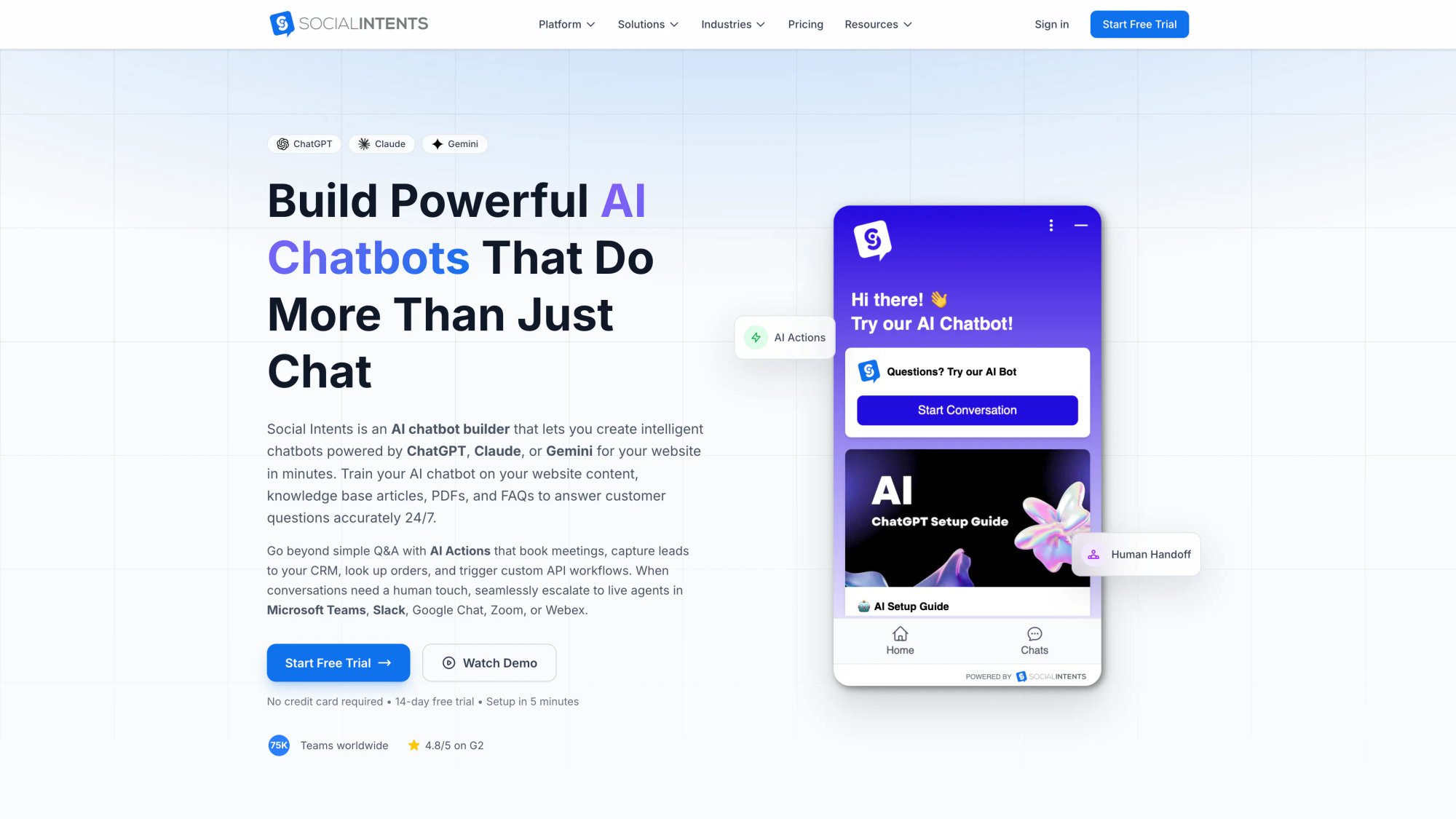 Social Intents AI chatbot builder page showing ChatGPT, Claude, and Gemini model options with live chat UI preview and Start Free Trial CTA