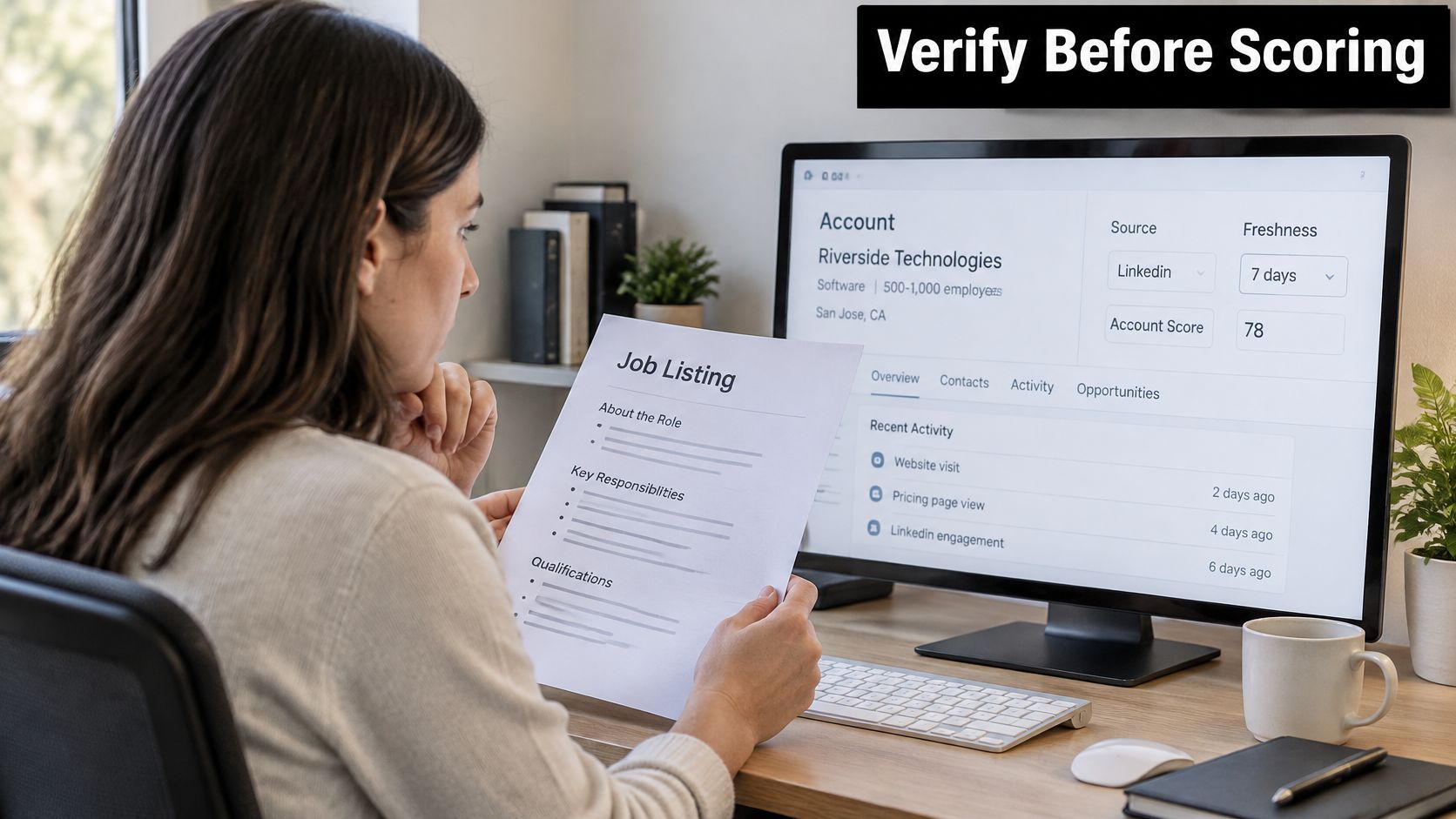 A professional woman reviewing a job listing at her desk while analyzing an account management dashboard.