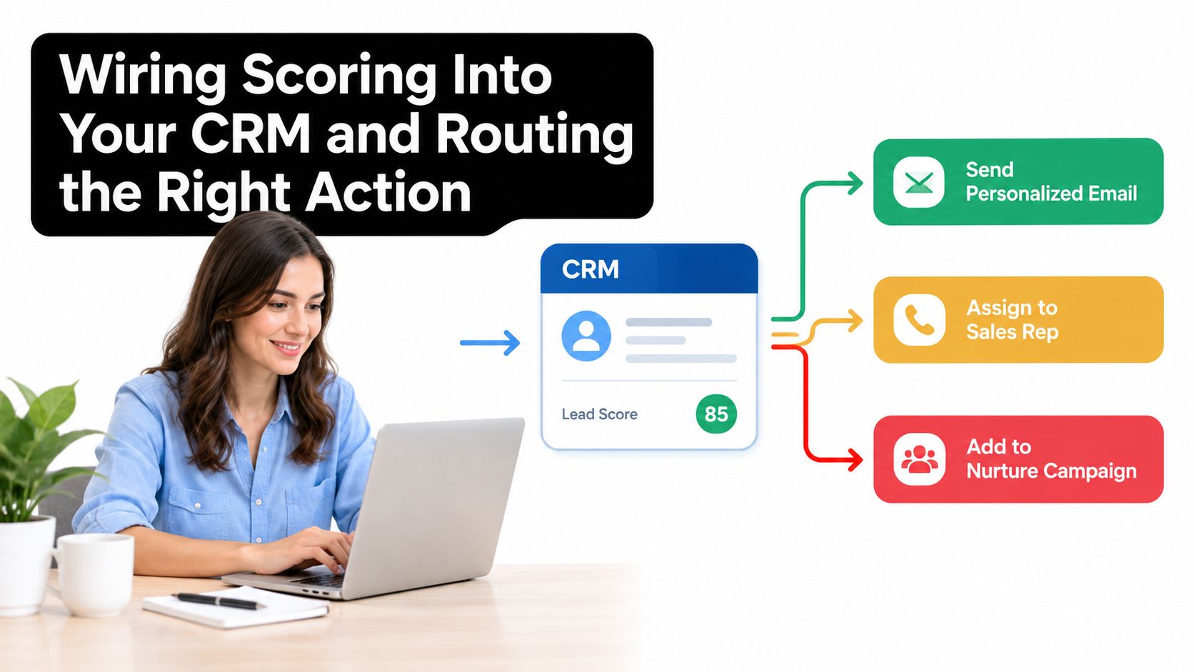 A woman working on a laptop with an infographic showing CRM lead scoring and routing automated actions.