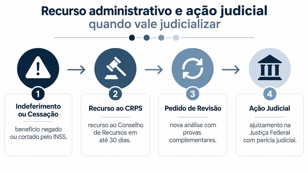 Fluxograma mostrando as etapas do recurso administrativo e ação judicial para benefícios do INSS.