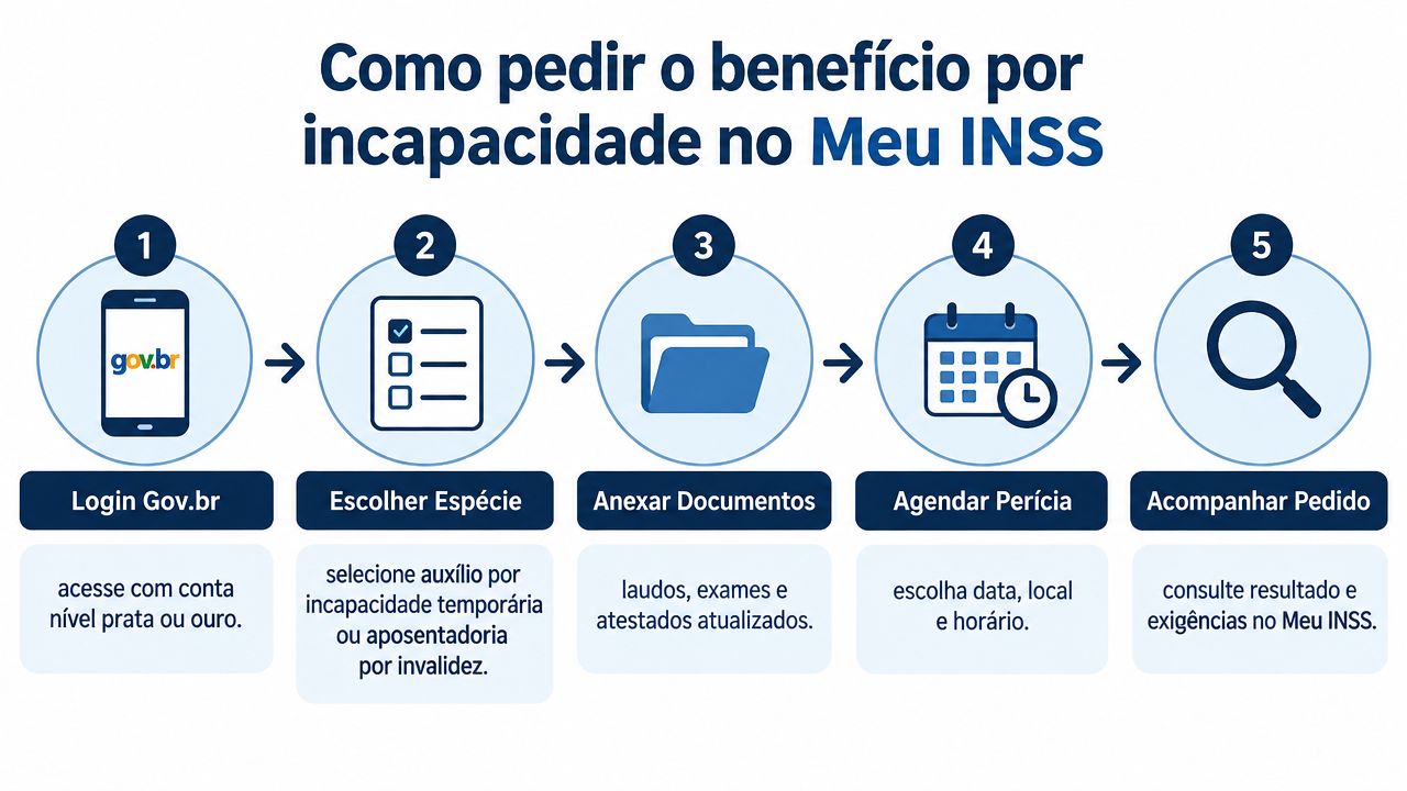 Infográfico com cinco passos para solicitar o benefício por incapacidade do INSS através do portal Meu INSS.
