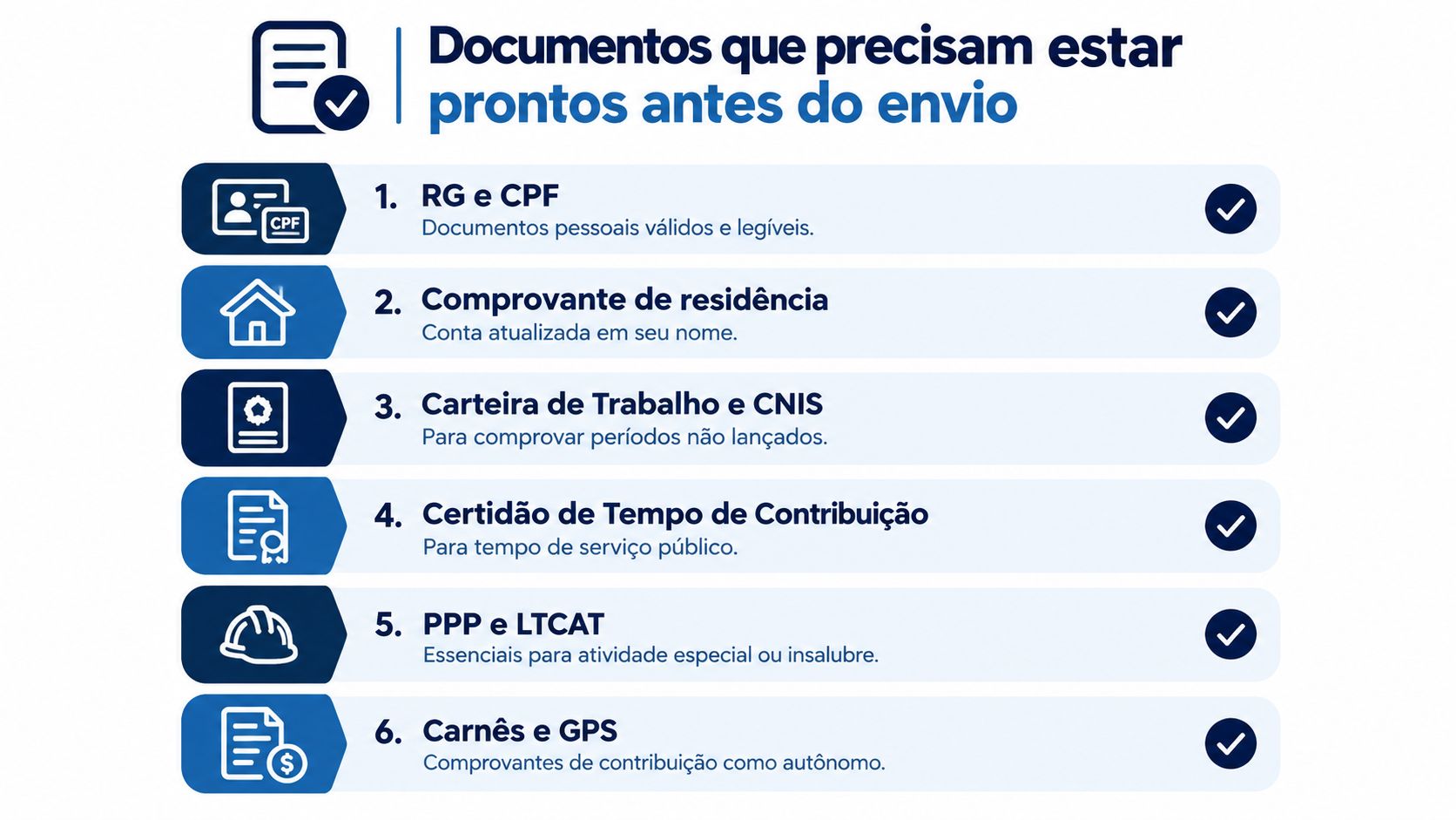 Lista de documentos necessários para solicitar aposentadoria pelo INSS, incluindo RG, CPF, comprovantes e certidões.