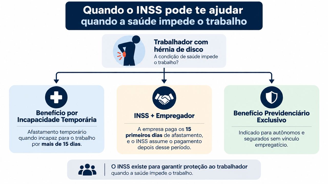 Infográfico sobre os benefícios do INSS para trabalhadores com problemas de saúde que impedem o trabalho.
