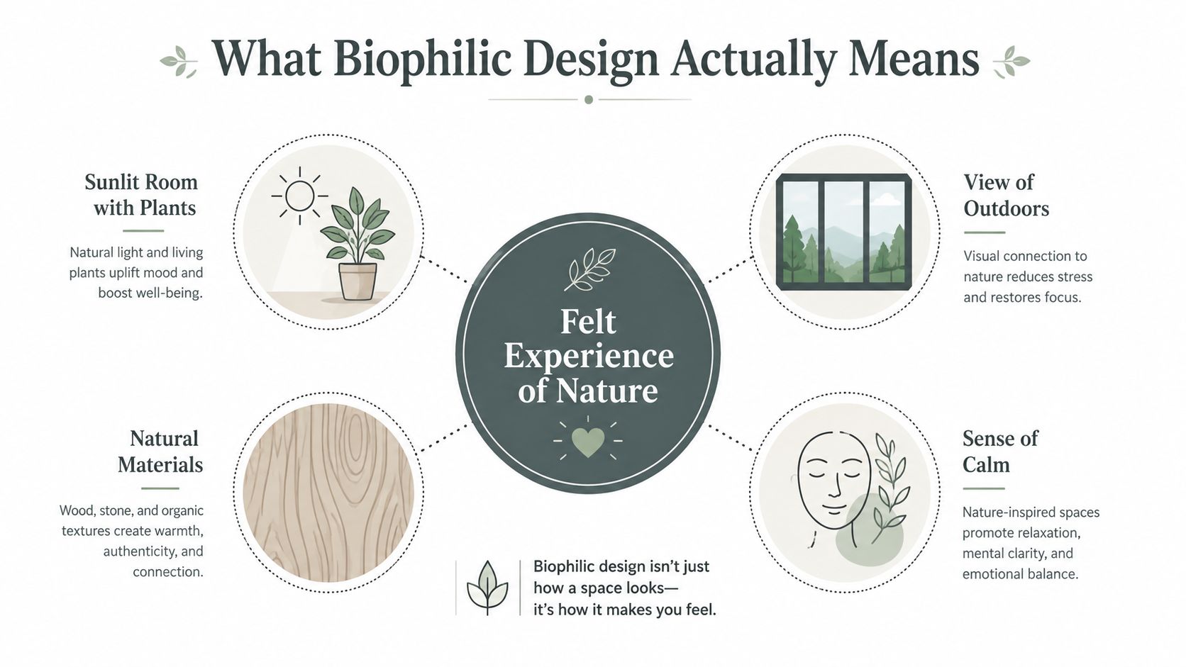 An infographic explaining biophilic design with visual examples like sunlight, nature views, natural materials, and relaxation.