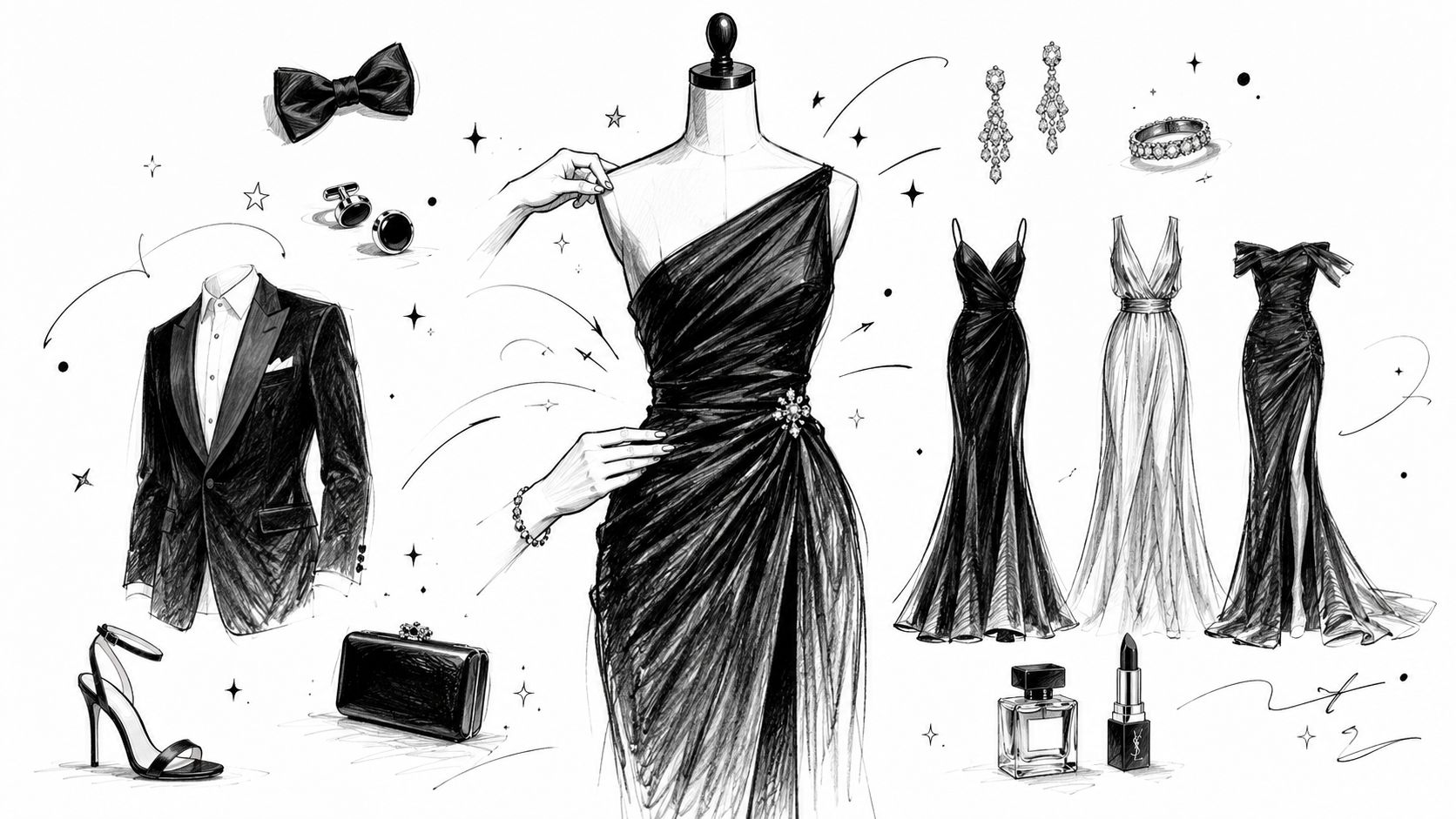 A detailed fashion sketch featuring formal evening wear including a tuxedo, gowns, jewelry, and luxury accessories.