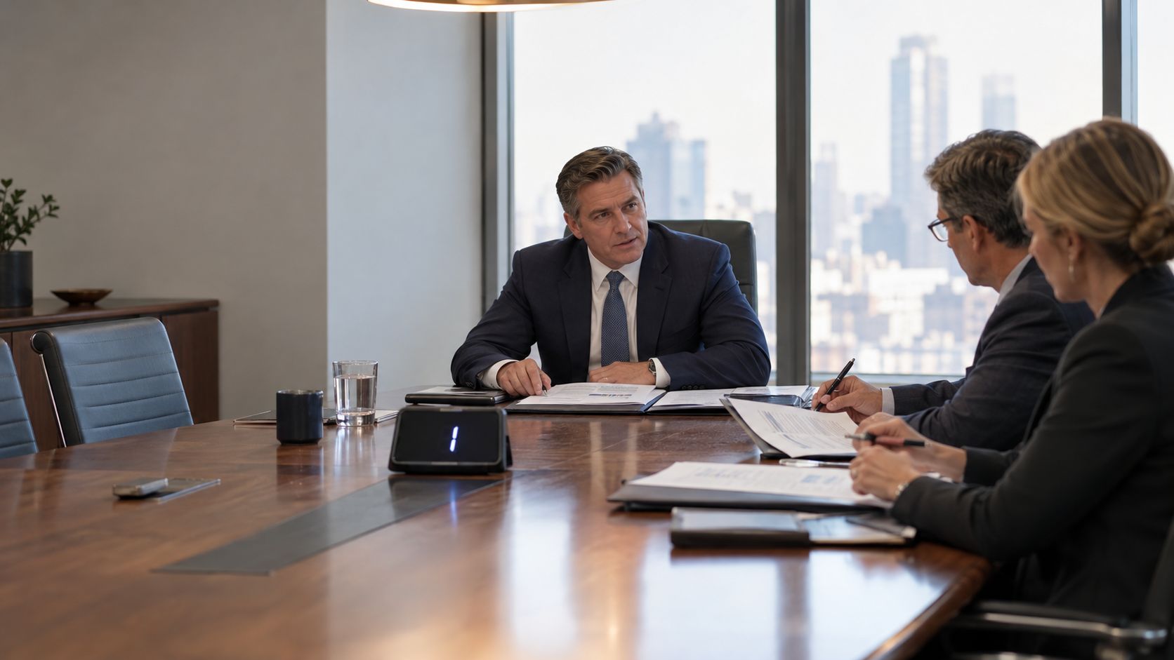 A group of professional business executives having a strategic discussion during a board meeting in a corporate office.