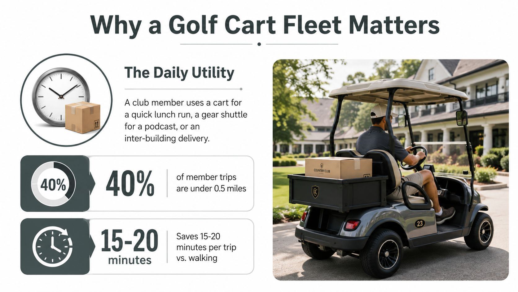 An infographic titled Why a Golf Cart Fleet Matters, featuring statistics on trip distance and time savings.