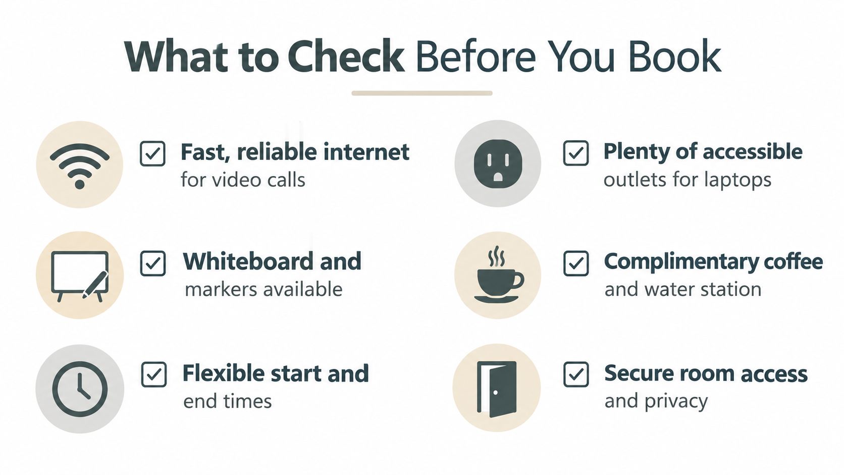 A checklist infographic titled What to Check Before You Book, listing essential amenities for meeting rooms.