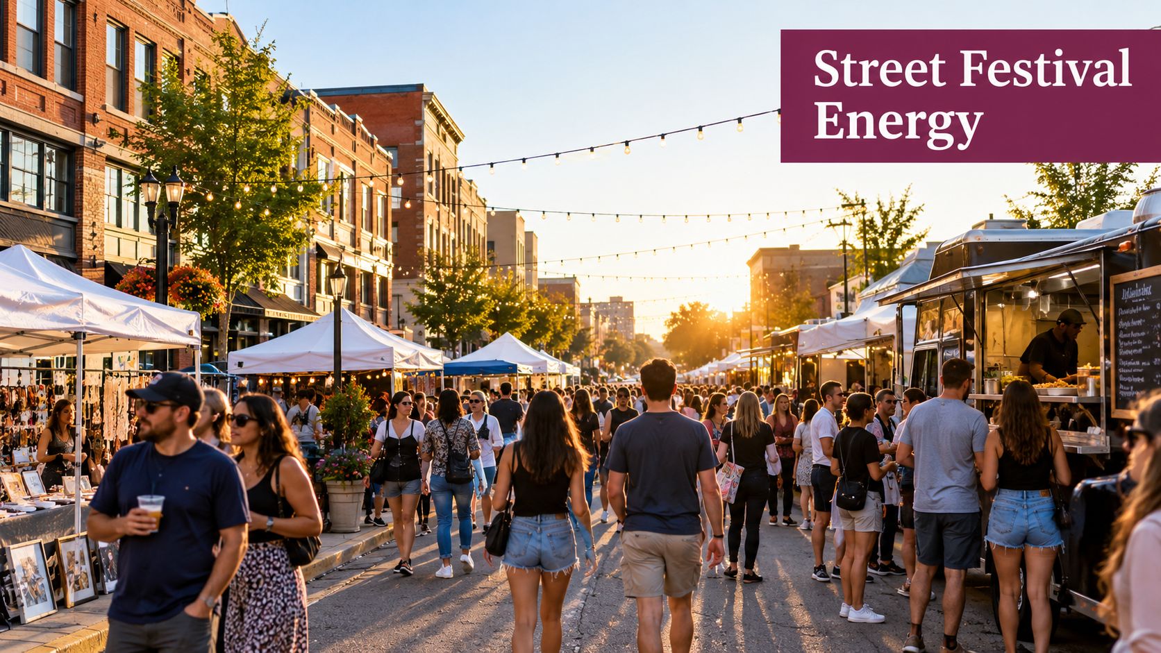A bustling downtown street festival at sunset with numerous food trucks, vendor tents, and crowds of people walking.