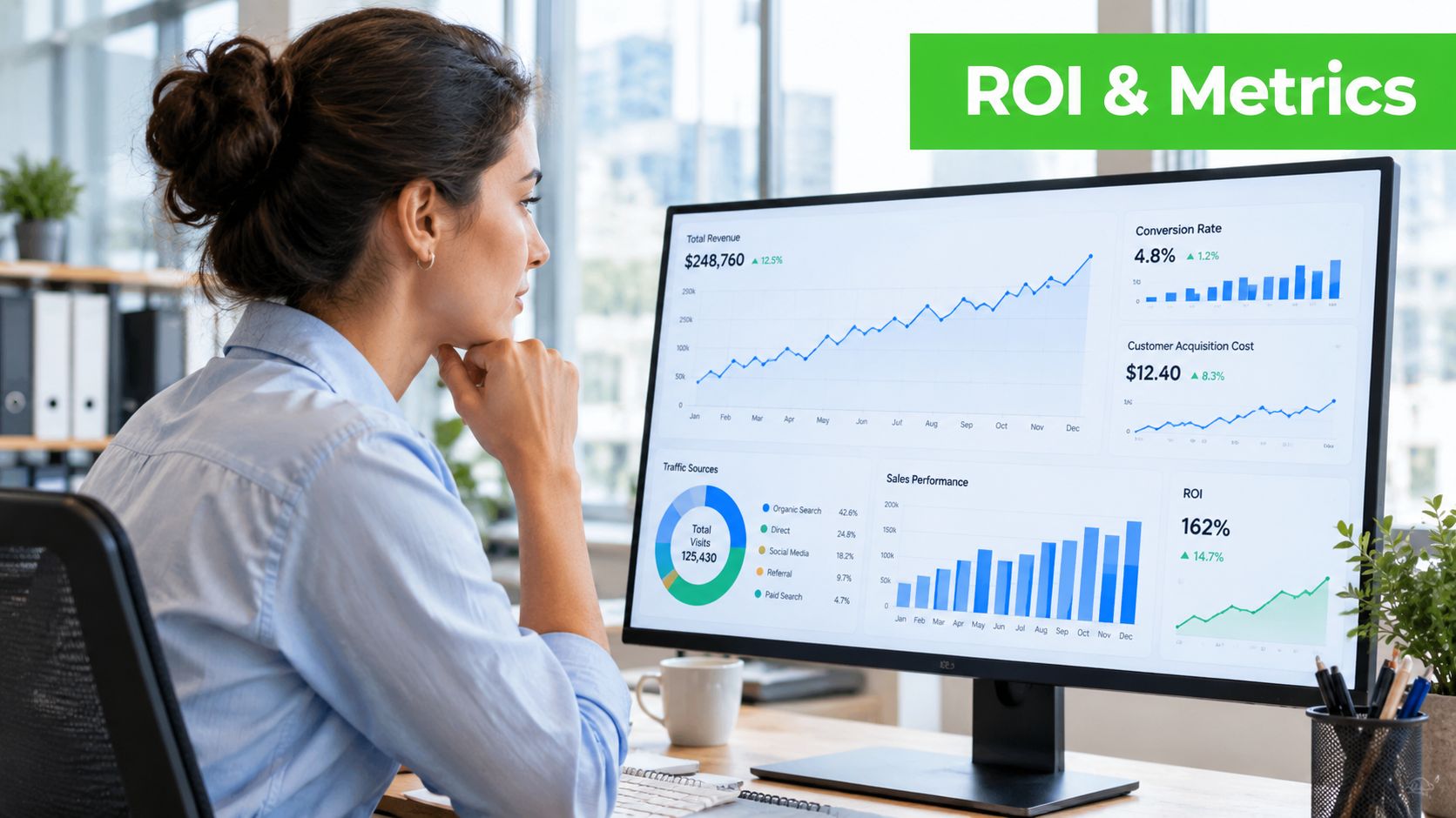 A professional woman viewing data analytics and business performance dashboards on her computer screen at work.