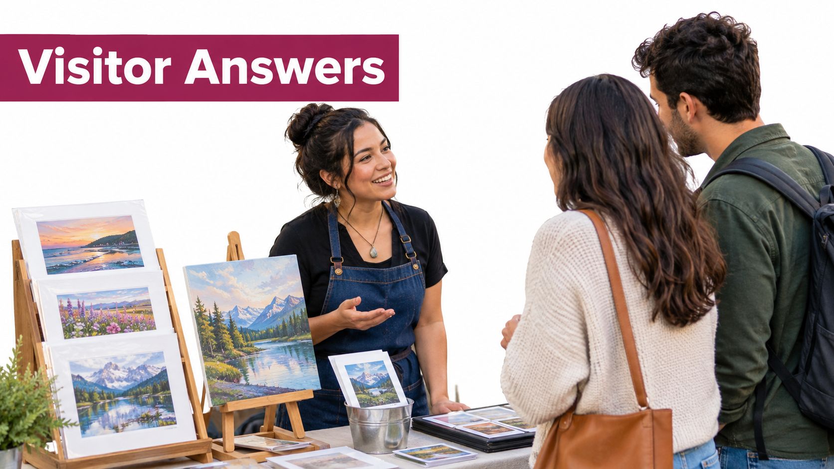 An artist interacting with visitors at her outdoor display booth showcasing landscape paintings on canvas
