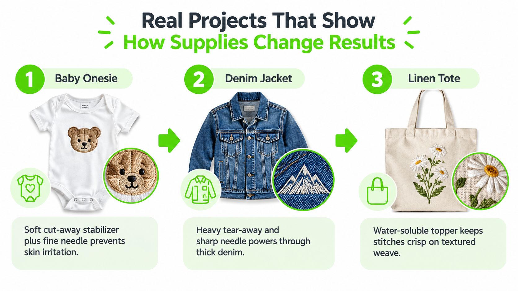 A graphic showing how choosing the right embroidery supplies affects results on a onesie, jacket, and tote.