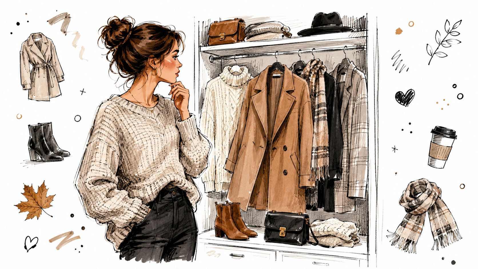 A fashion illustration featuring a stylish woman with a bun browsing her closet filled with cozy fall clothing.